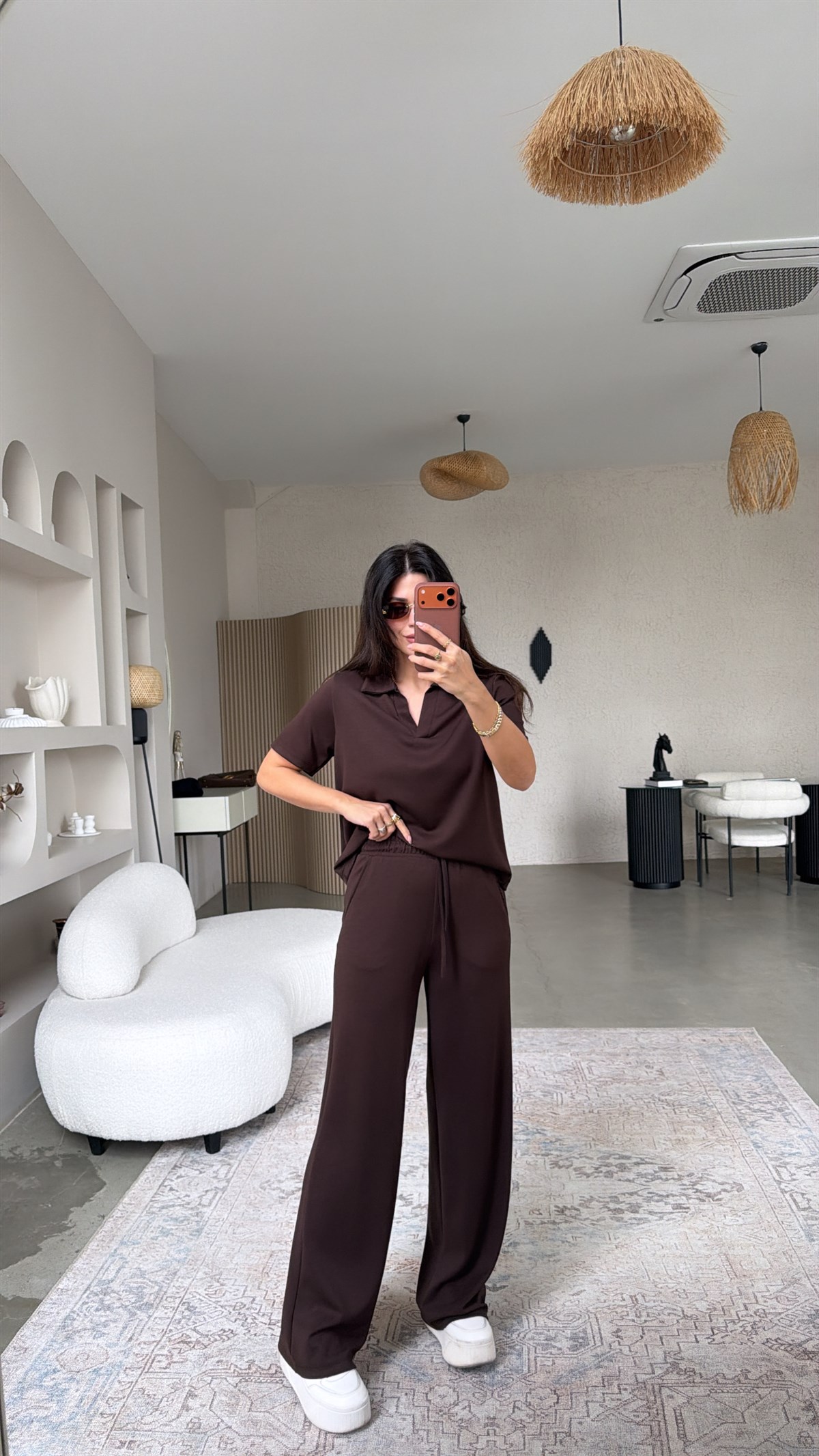 Kahverengi Basic Modal Kumaş Yakalı Bol Paça Takım