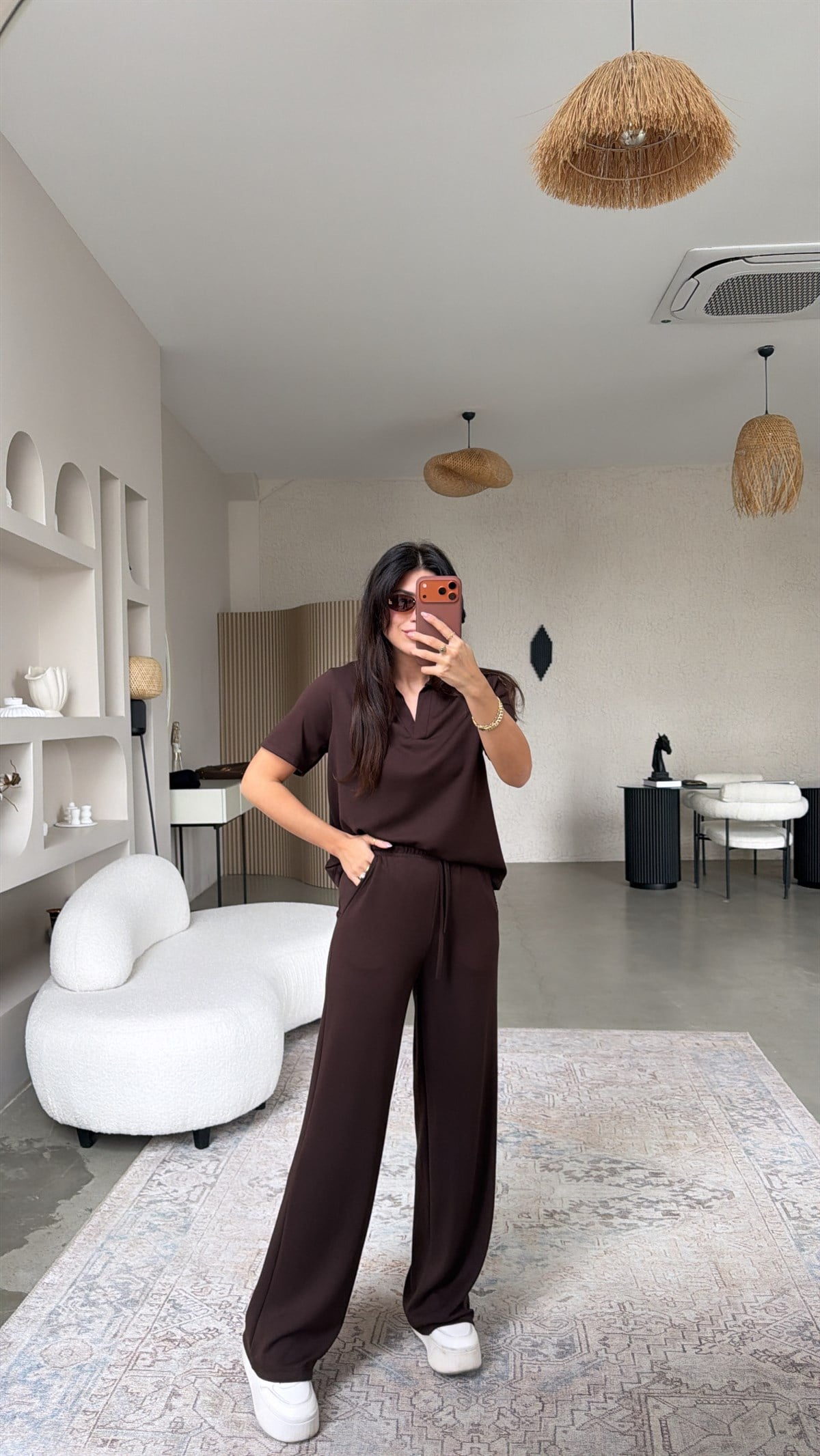 Kahverengi Basic Modal Kumaş Yakalı Bol Paça Takım