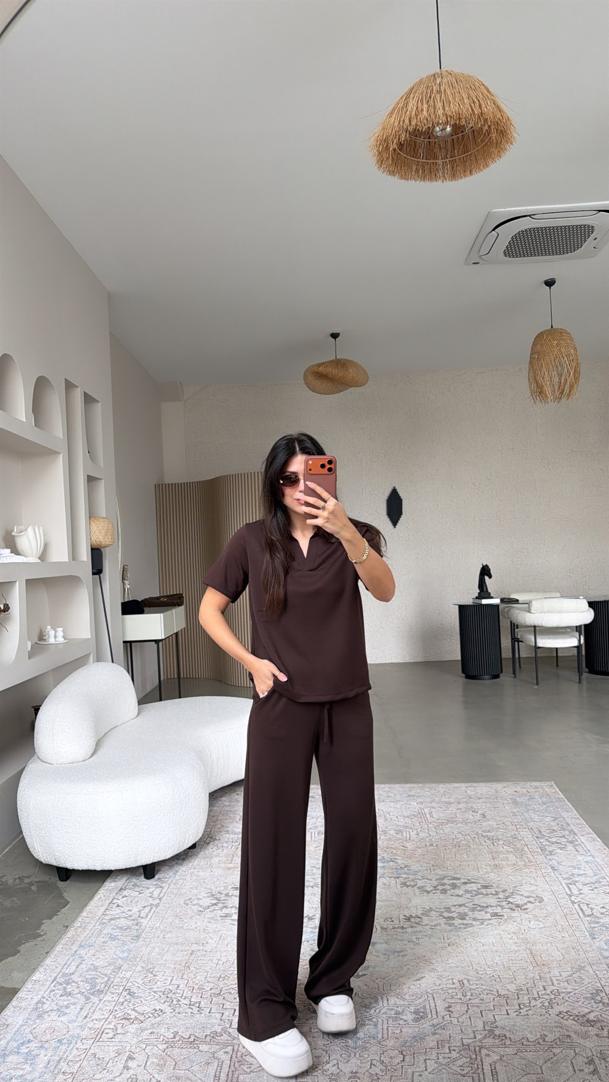 Kahverengi Basic Modal Kumaş Yakalı Bol Paça Takım