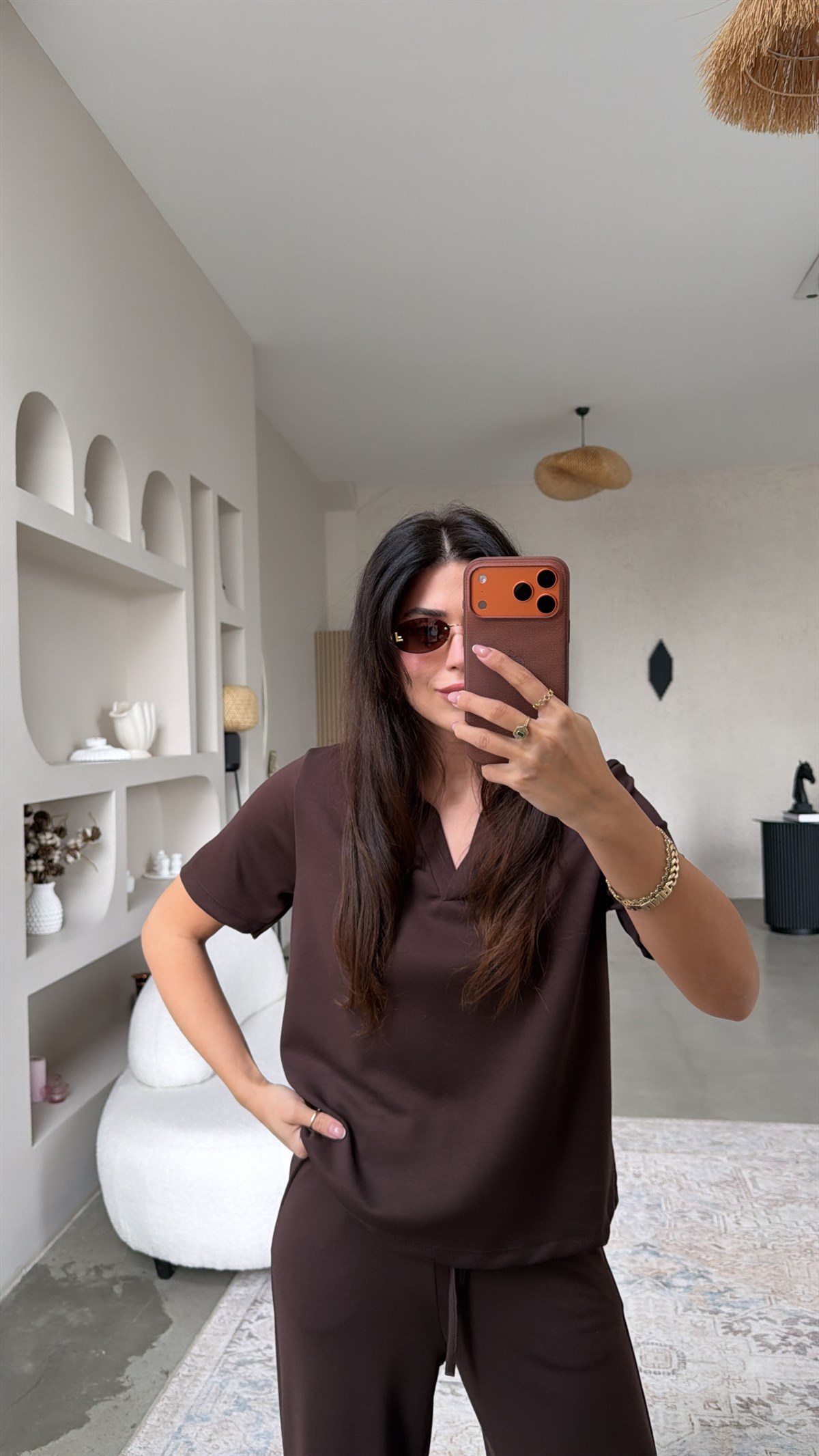 Kahverengi Basic Modal Kumaş Yakalı Bol Paça Takım