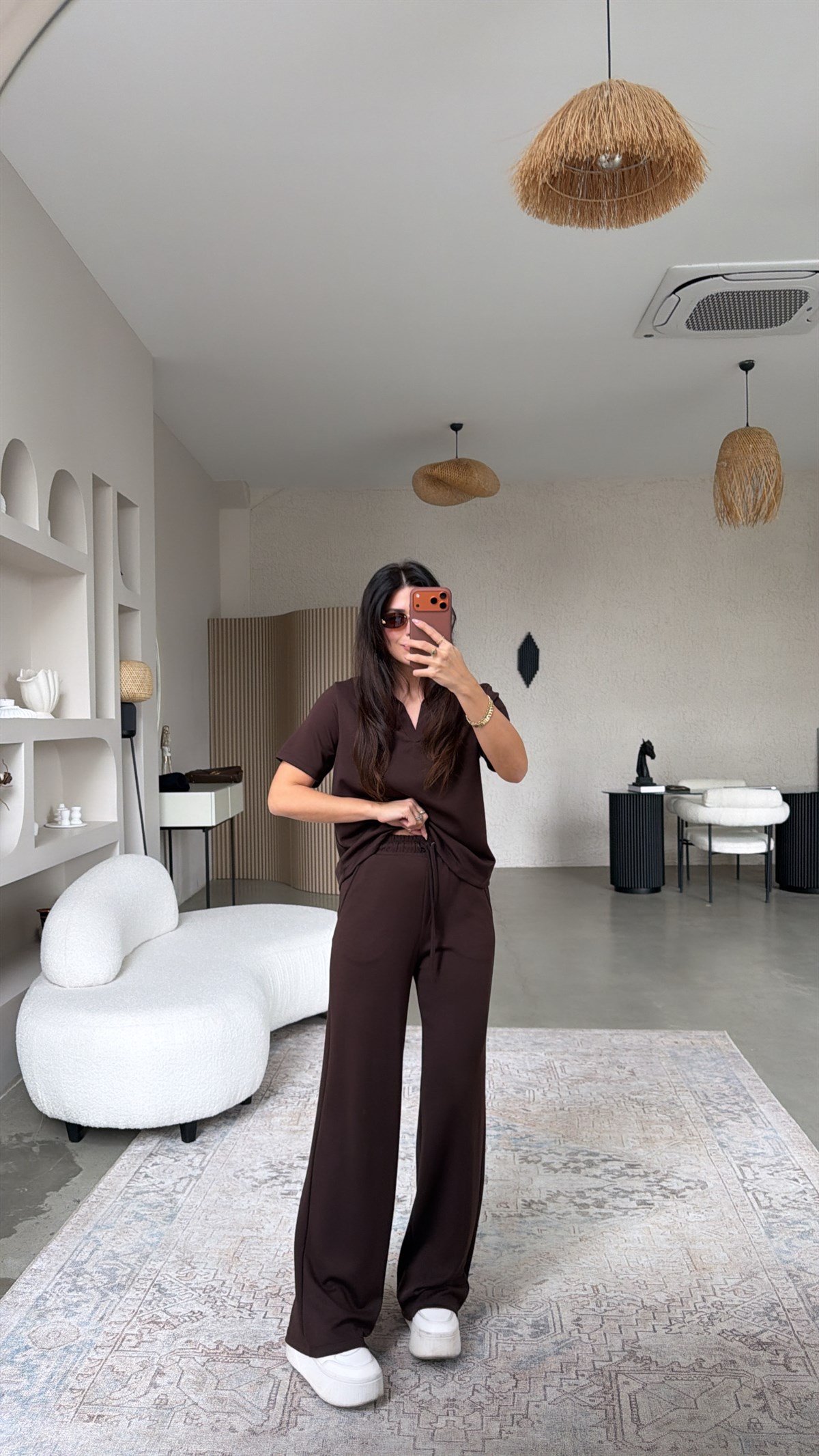 Kahverengi Basic Modal Kumaş Yakalı Bol Paça Takım