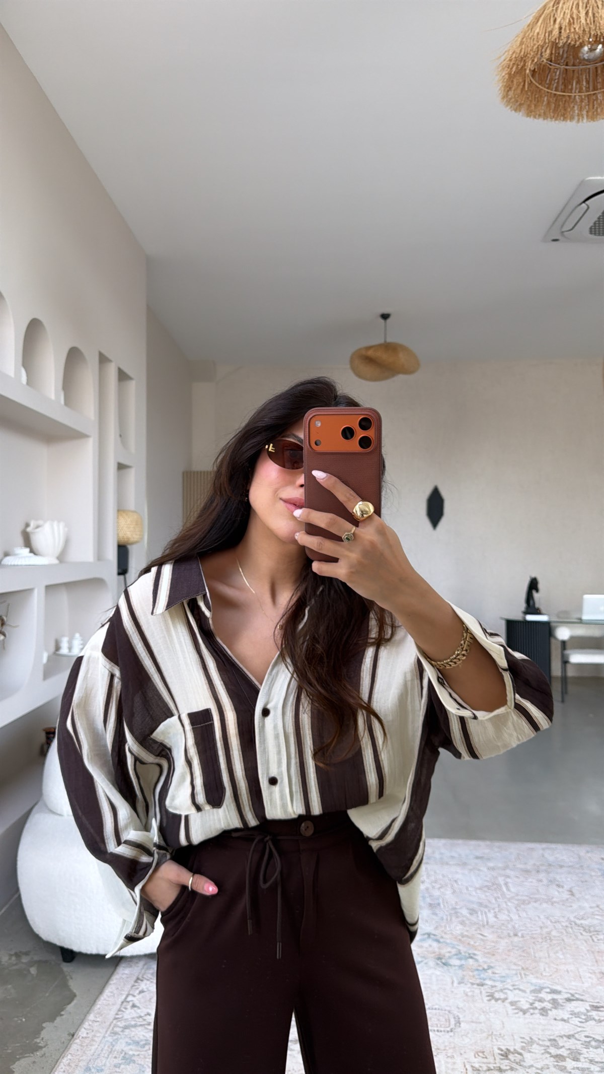 Kahverengi Bej Çizgili Oversize Gömlek