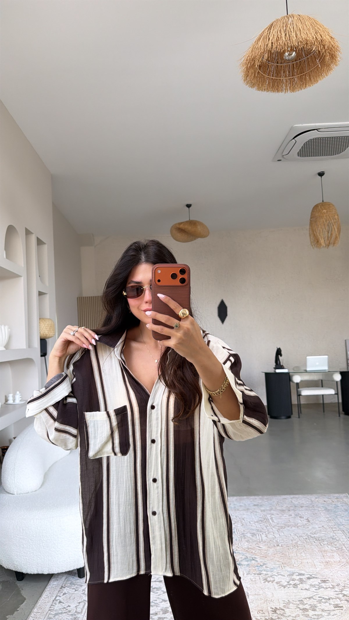 Kahverengi Bej Çizgili Oversize Gömlek