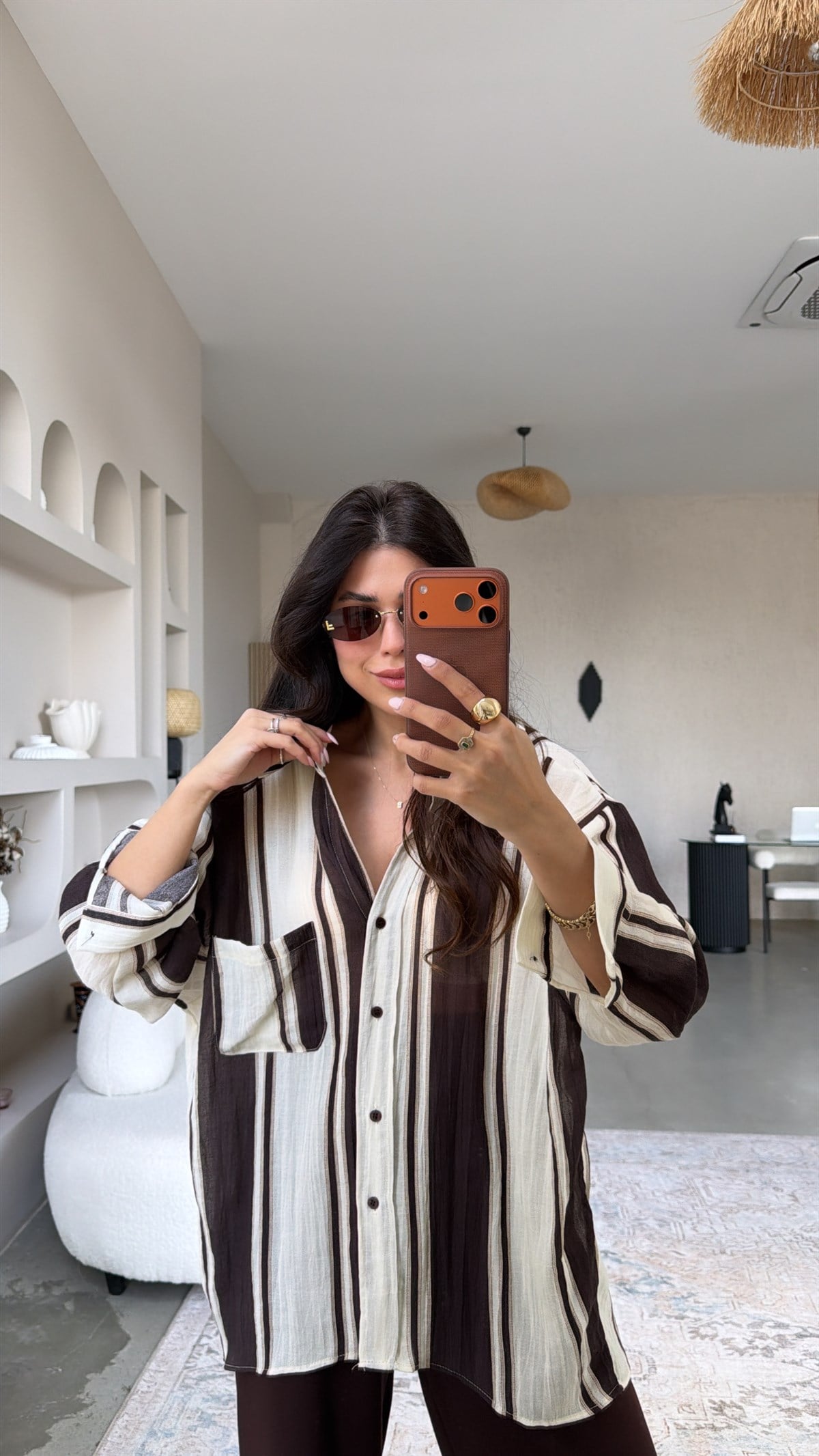 Kahverengi Bej Çizgili Oversize Gömlek