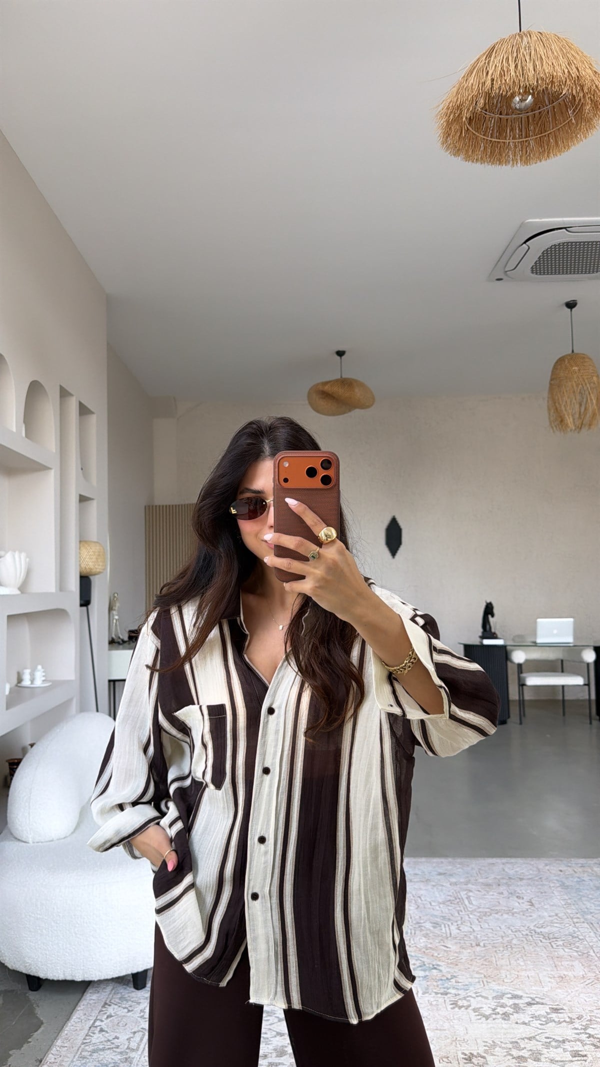 Kahverengi Bej Çizgili Oversize Gömlek