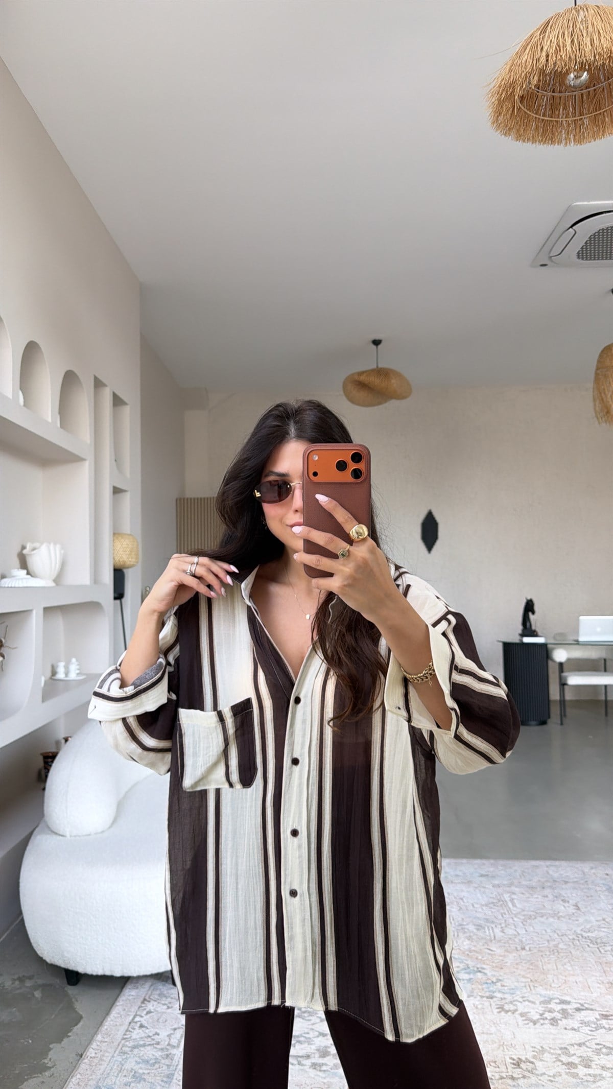 Kahverengi Bej Çizgili Oversize Gömlek