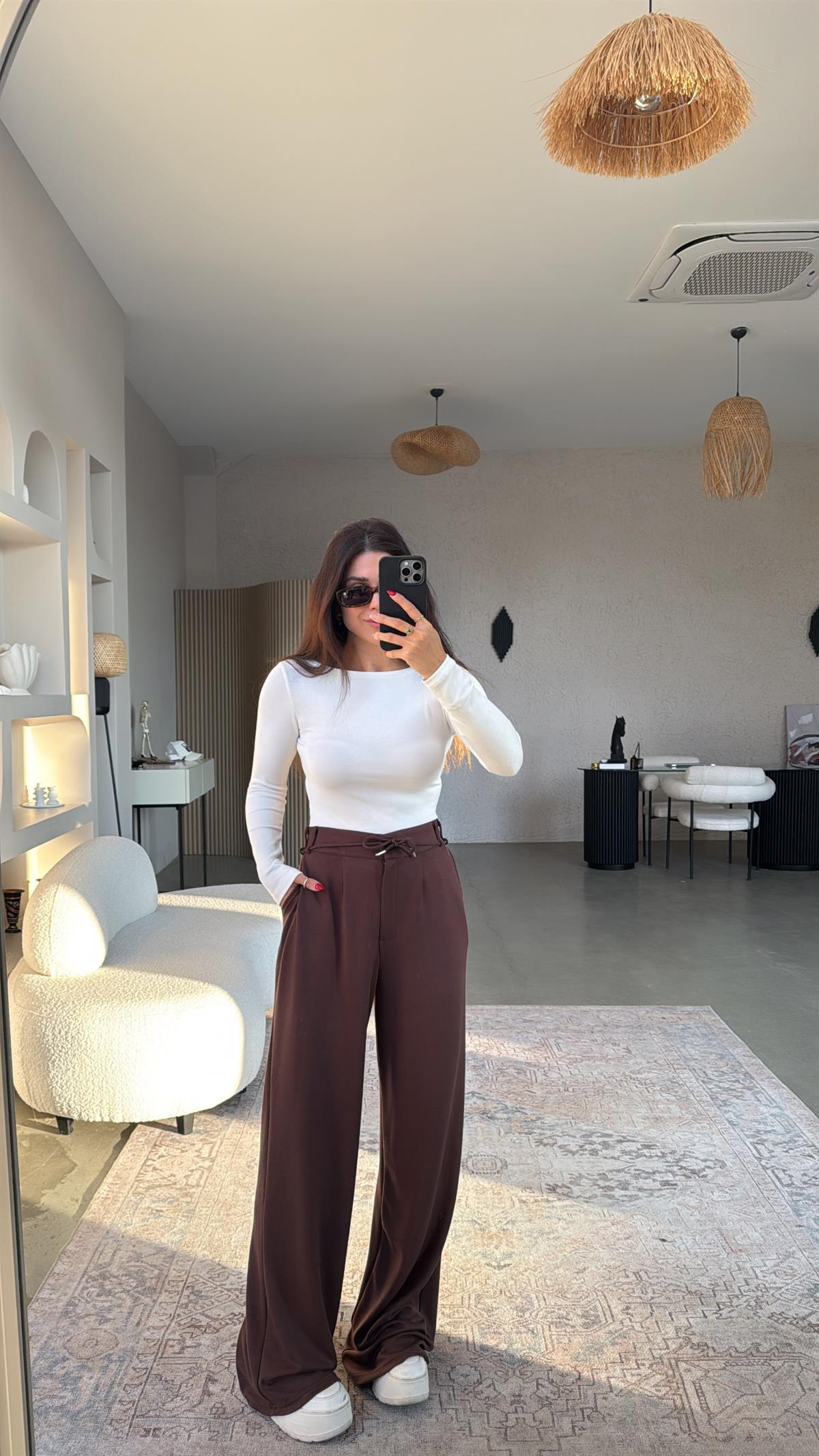 Kahverengi Beli İpli Modal Kumaş Rahat Pantolon