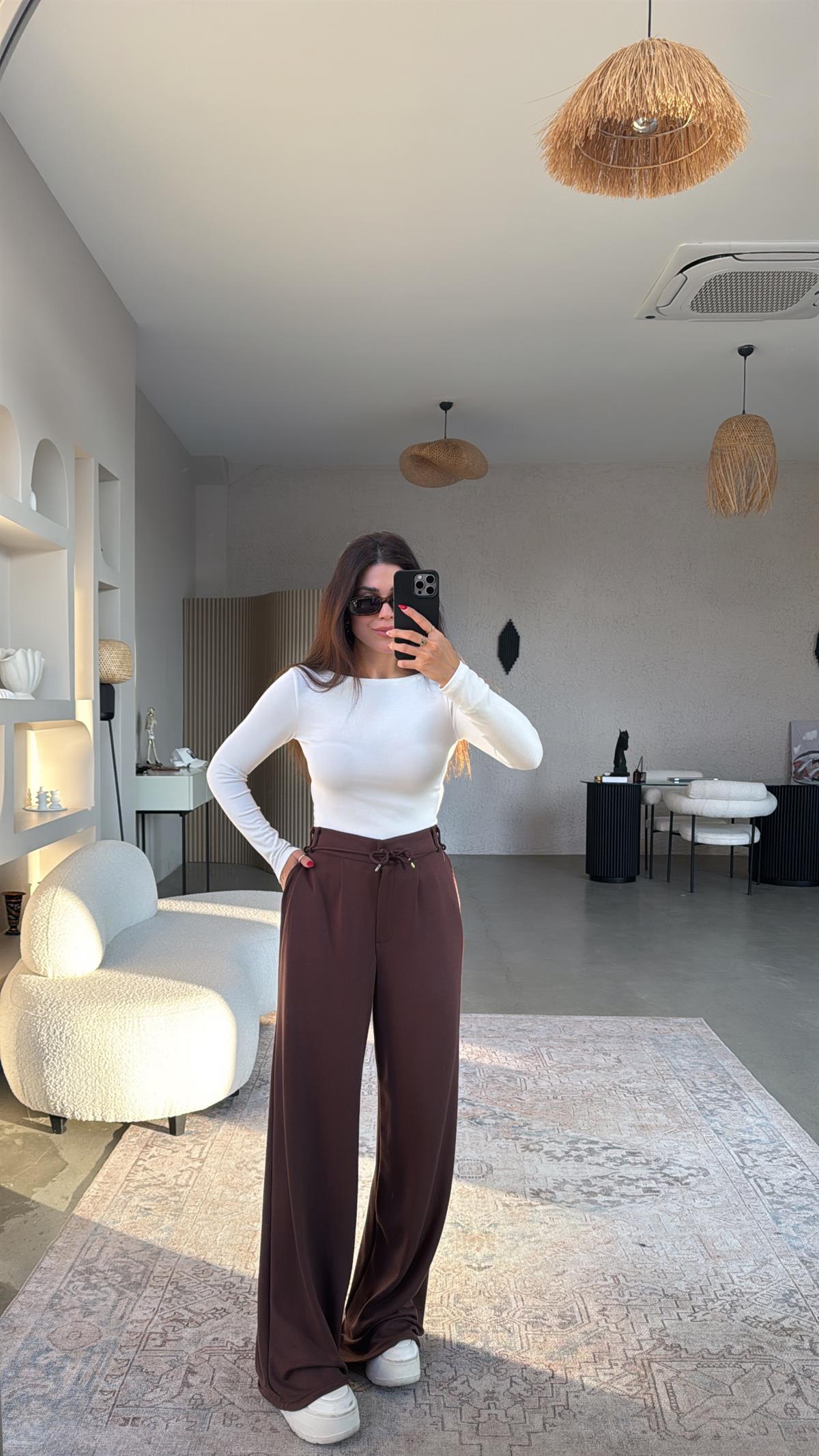 Kahverengi Beli İpli Modal Kumaş Rahat Pantolon