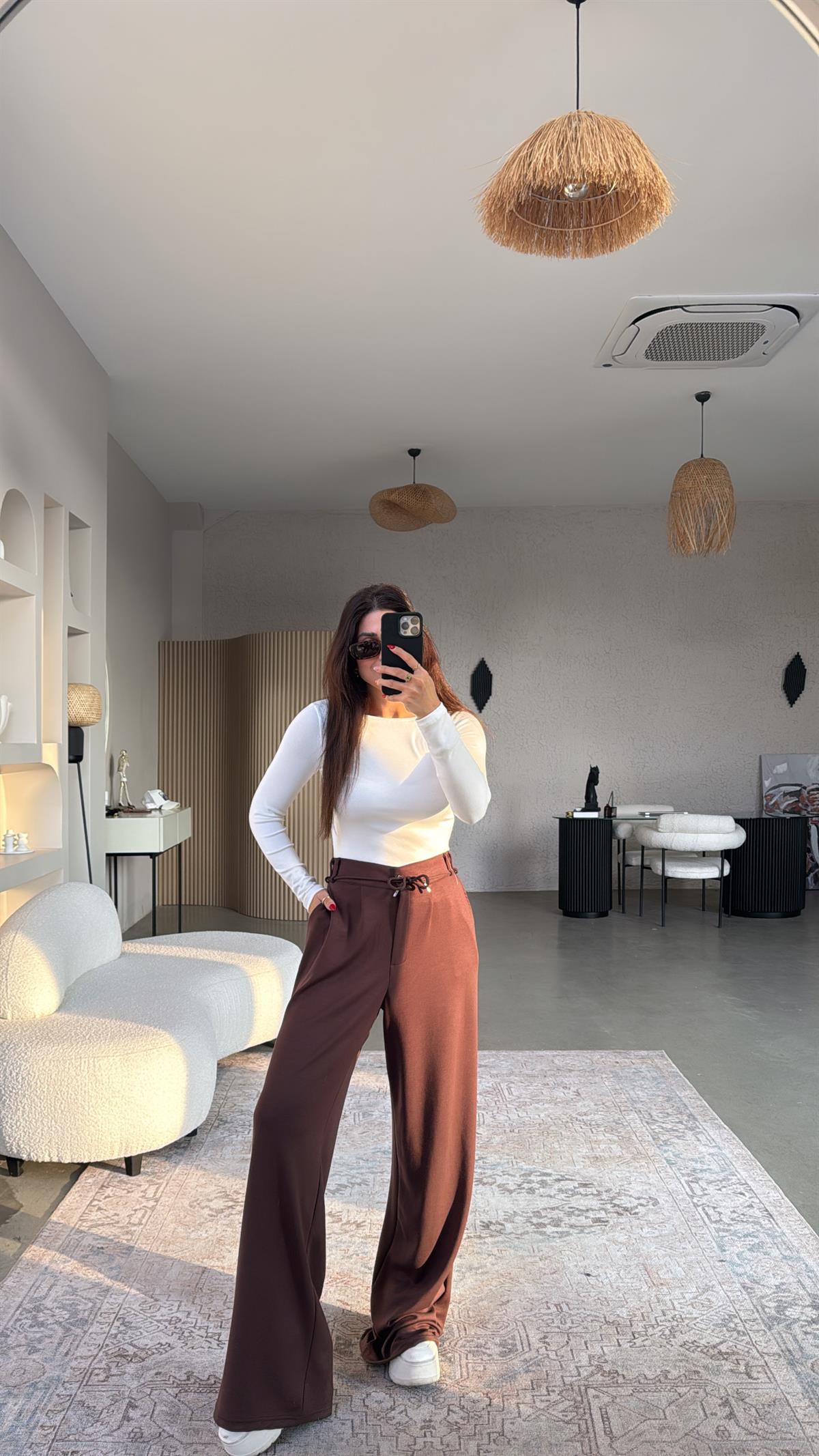 Kahverengi Beli İpli Modal Kumaş Rahat Pantolon