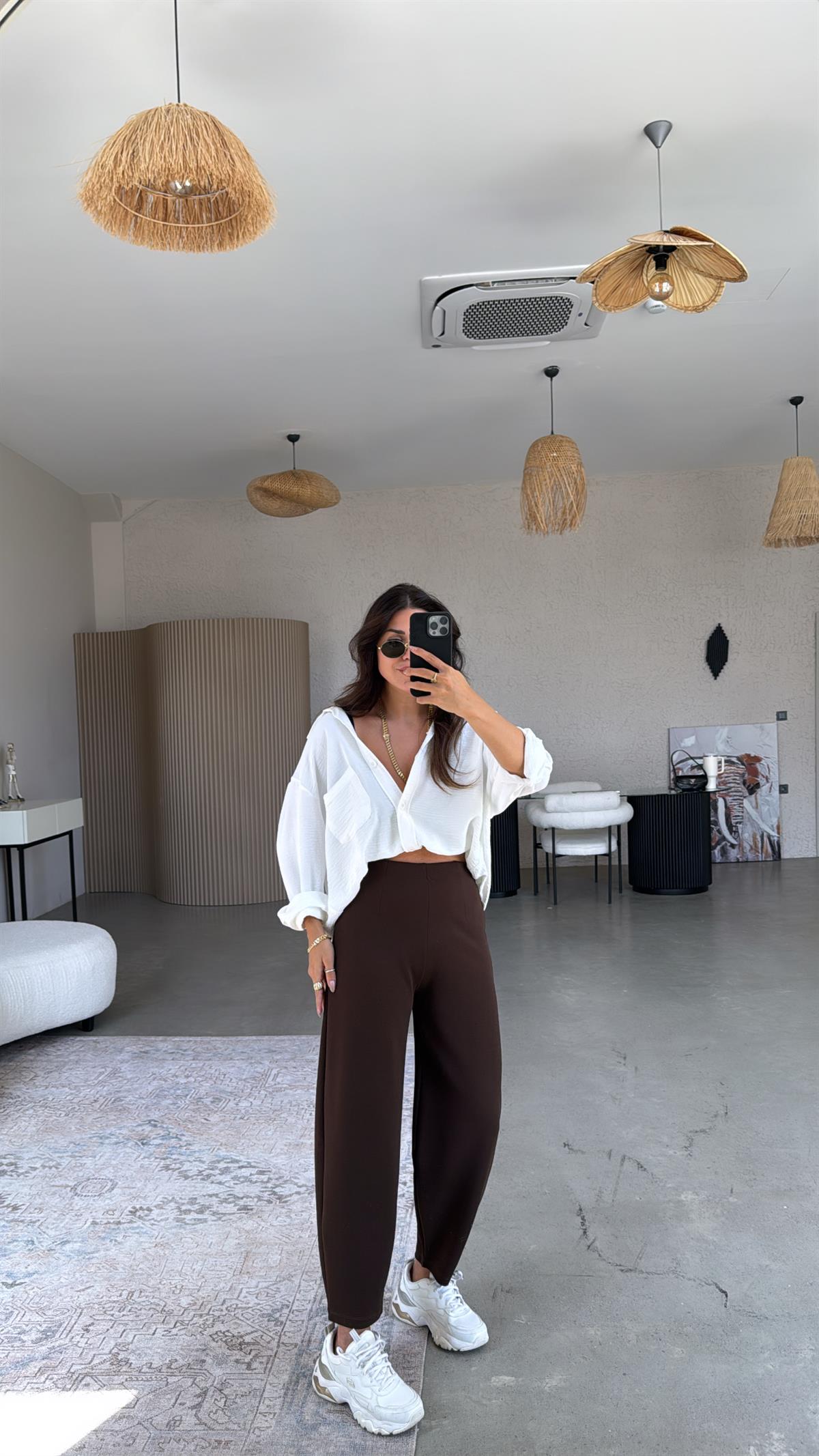 Kahverengi Beli Lastikli Balon Kumaş Pantolon