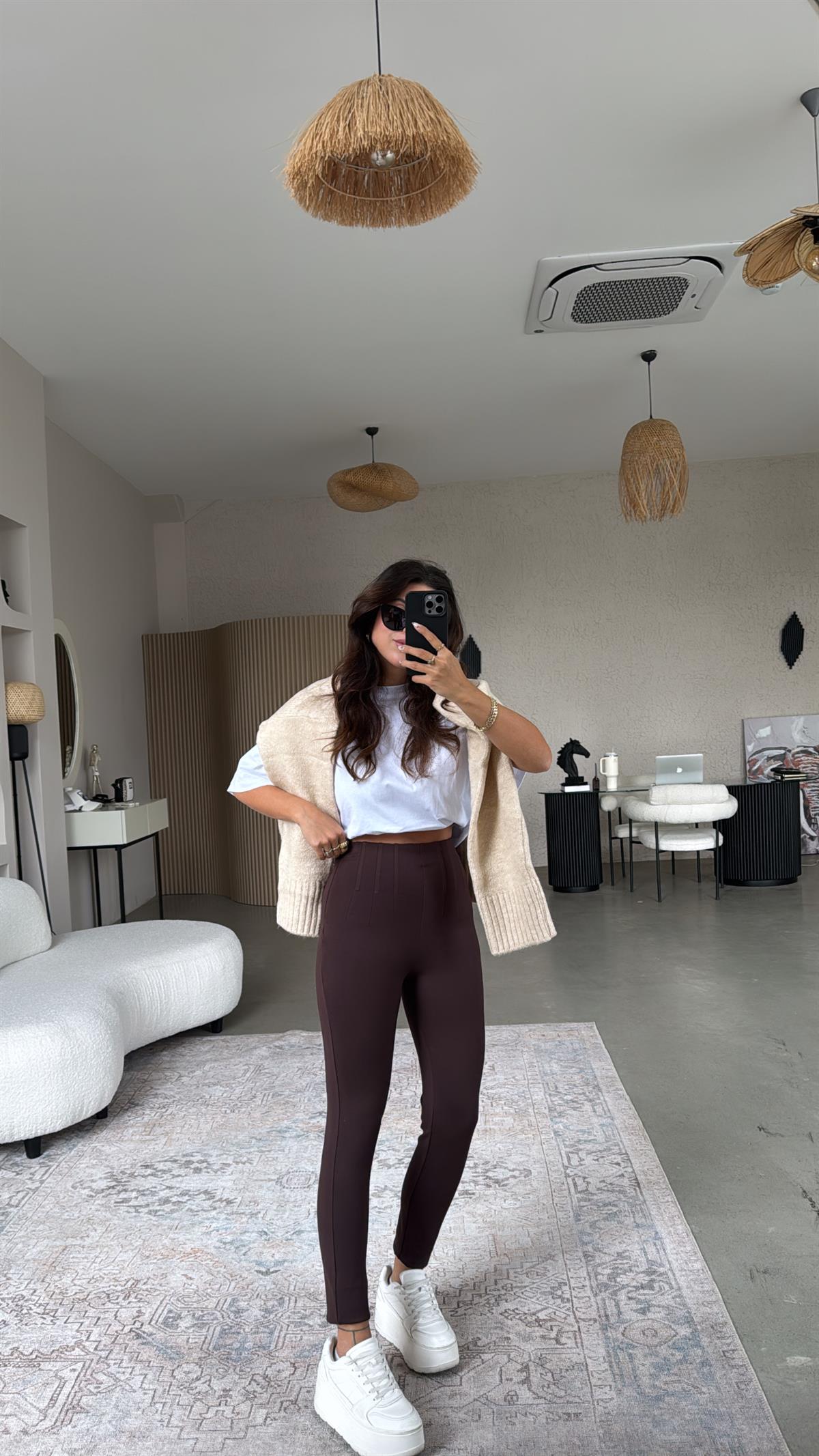 Kahverengi Beli Pensli Çelik Tayt Pantolon