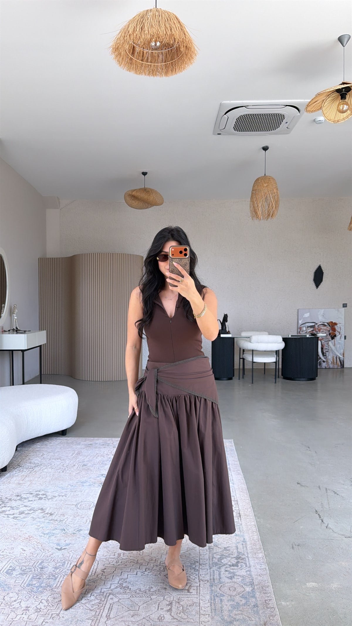 Kahverengi Beli Üçgen Kuşak Detaylı Poplin Etek