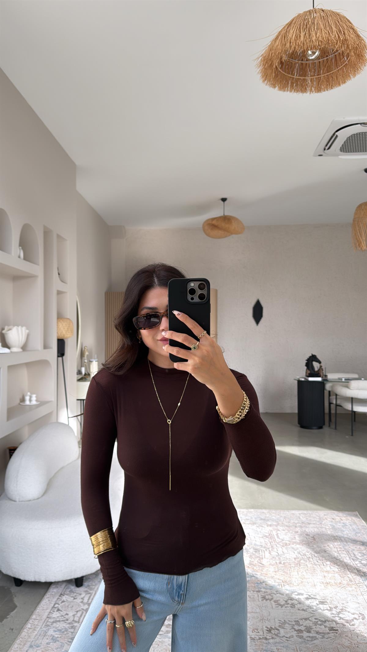 Kahverengi Bisiklet Yaka Kaşmir Yarı Transparan Bluz