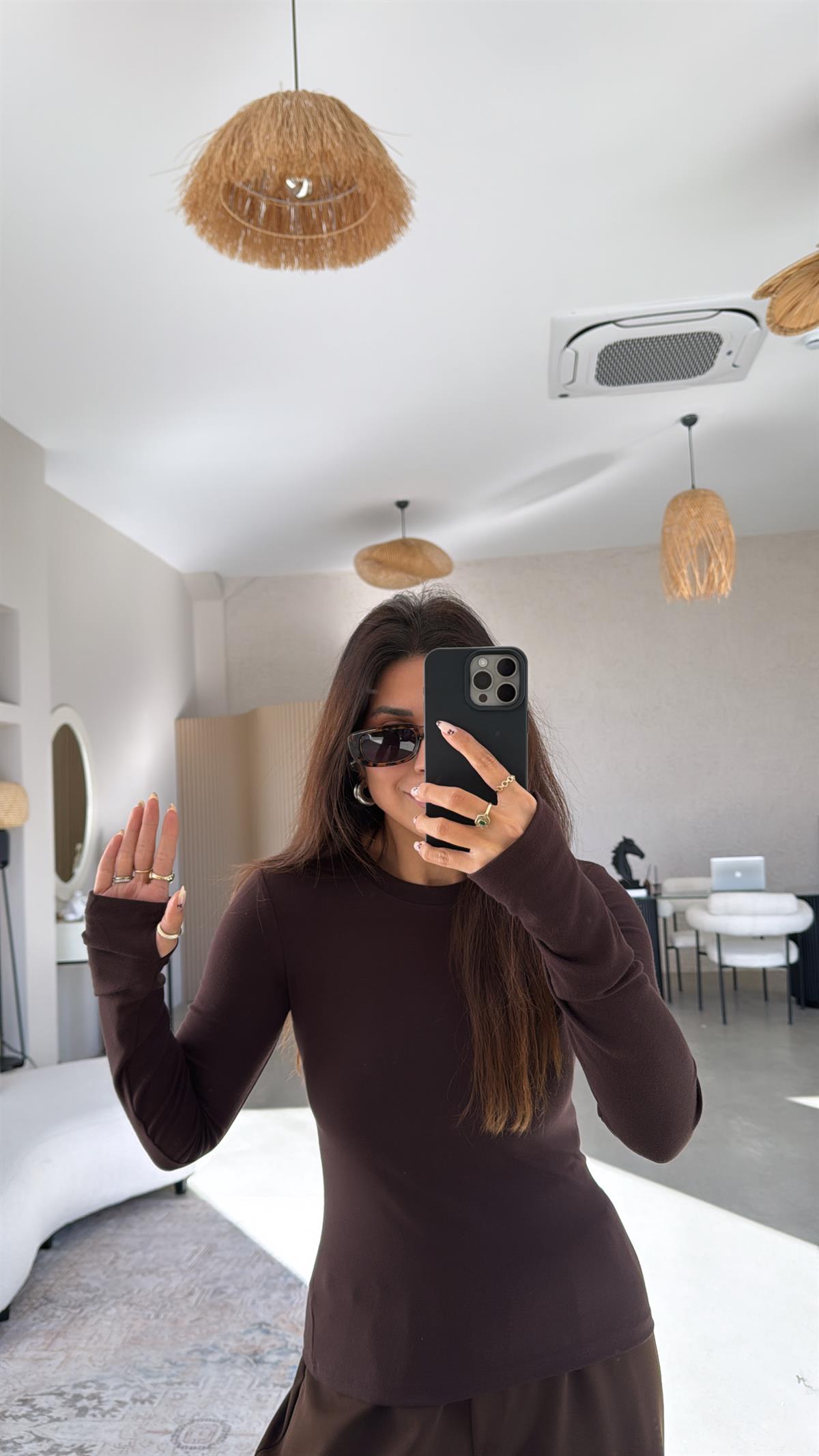 Kahverengi Bisiklet Yaka Parmak Geçme Bluz