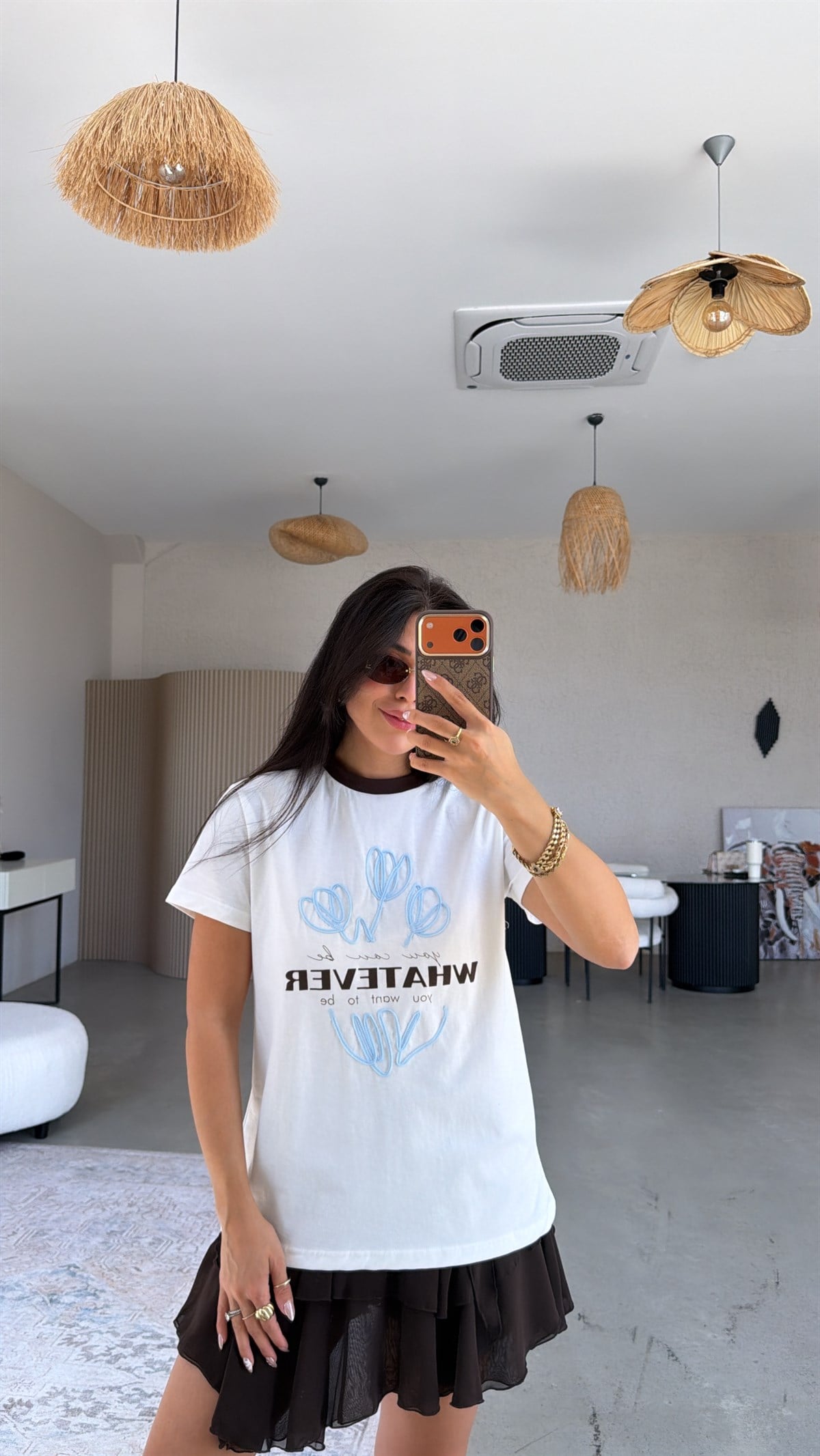 Kahverengi Biye Detaylı Whatever Tshirt