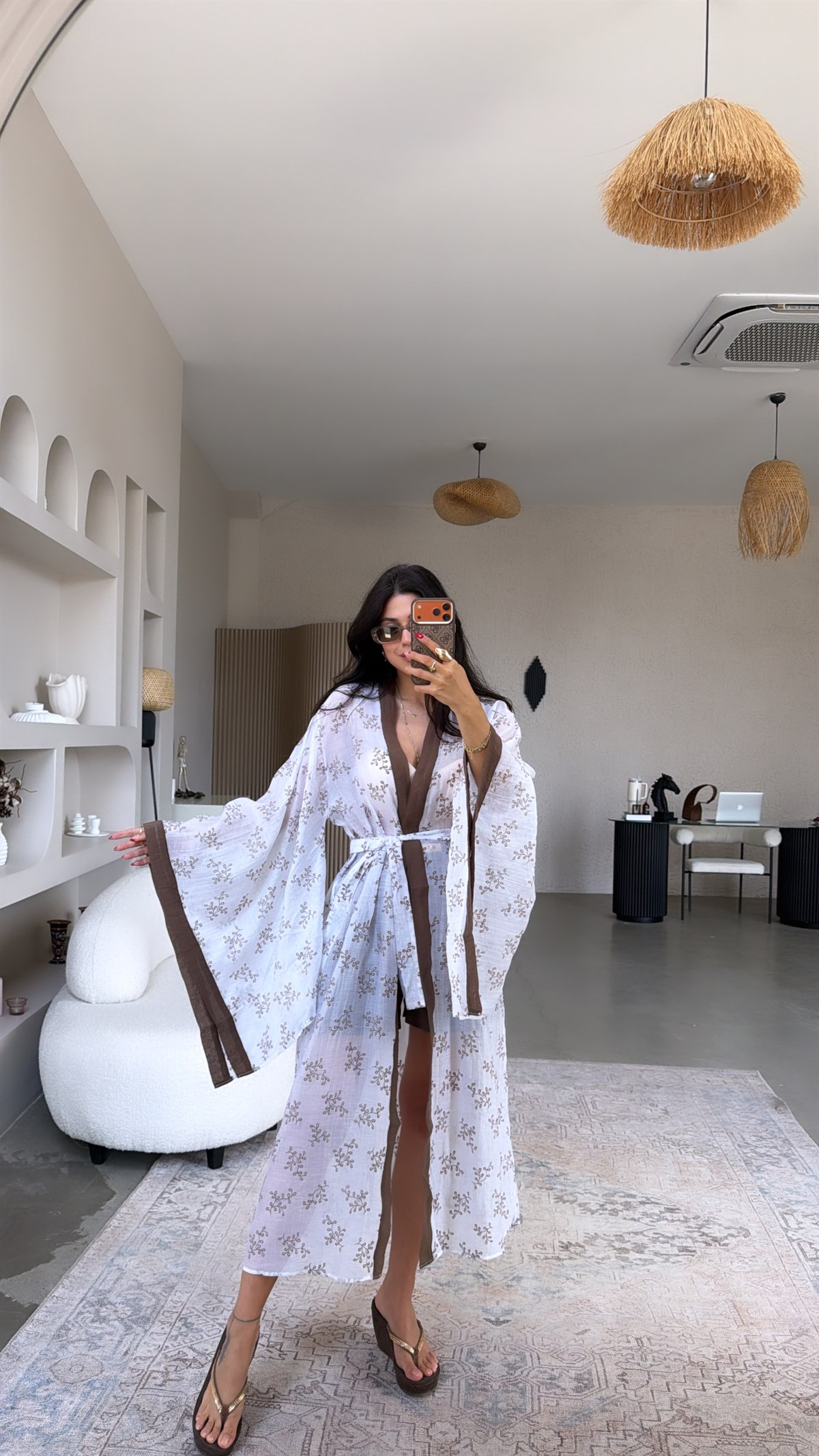 Kahverengi Biyeli Premium İnce Uzun Kimono