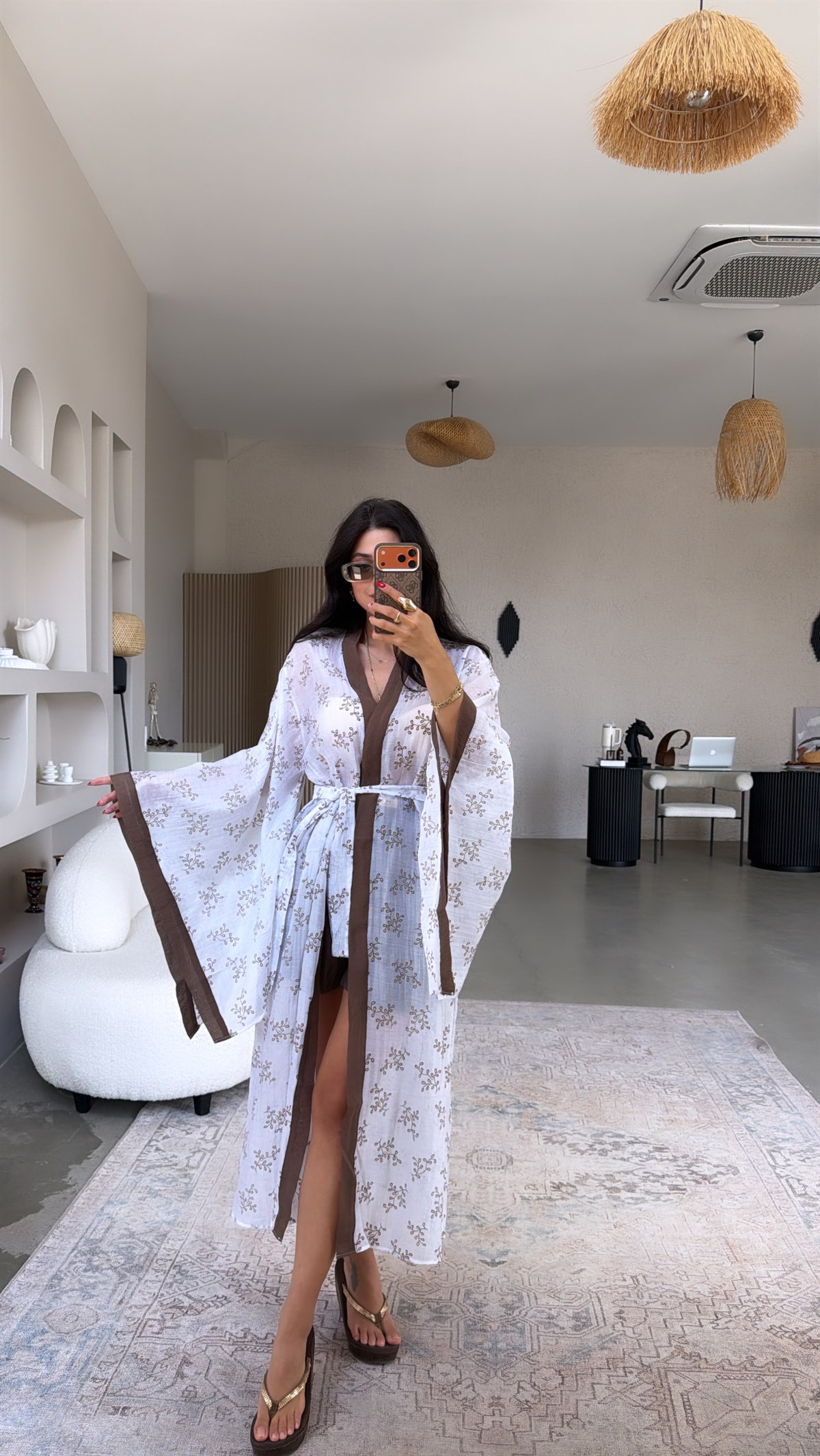 Kahverengi Biyeli Premium İnce Uzun Kimono