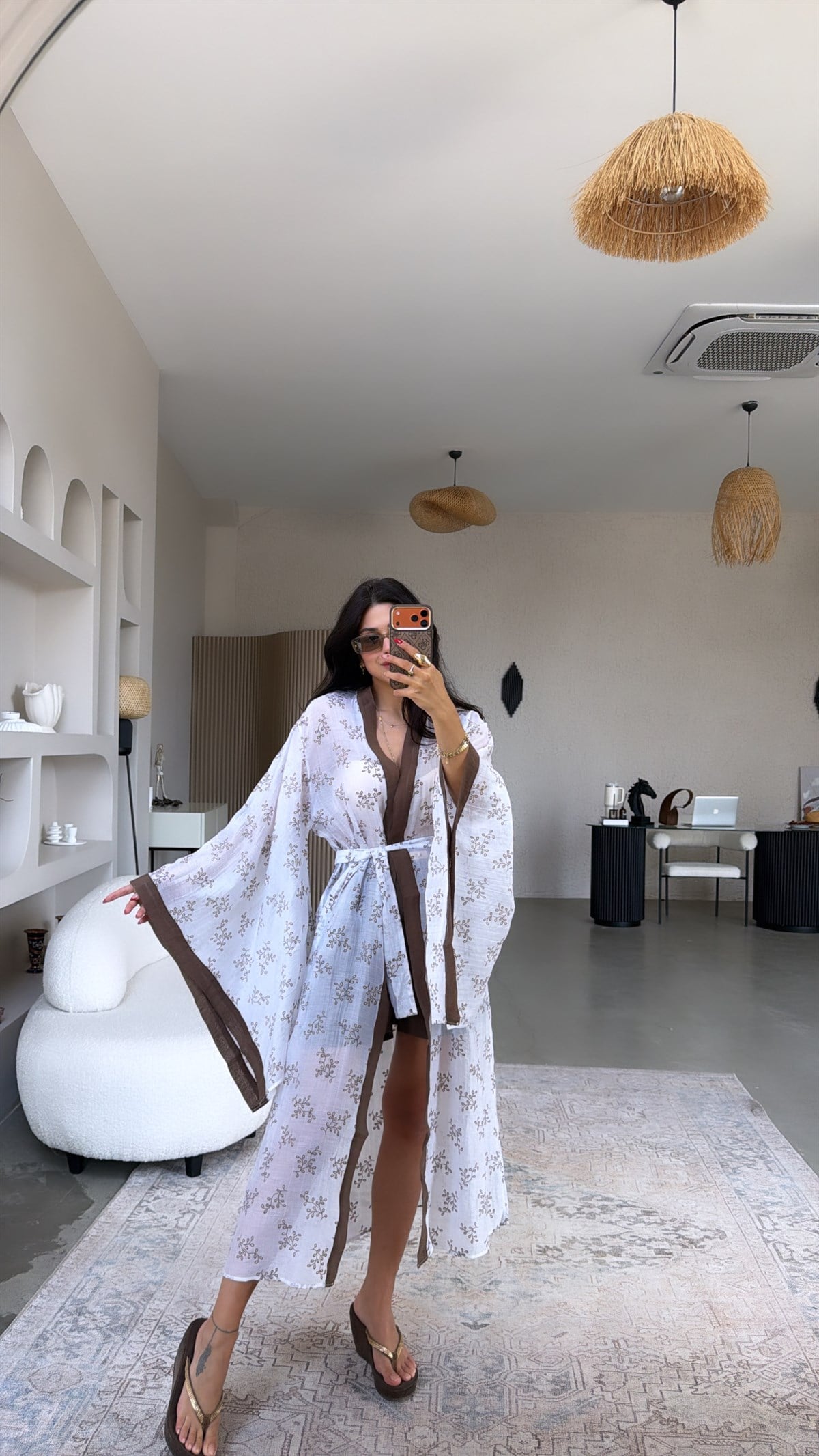Kahverengi Biyeli Premium İnce Uzun Kimono