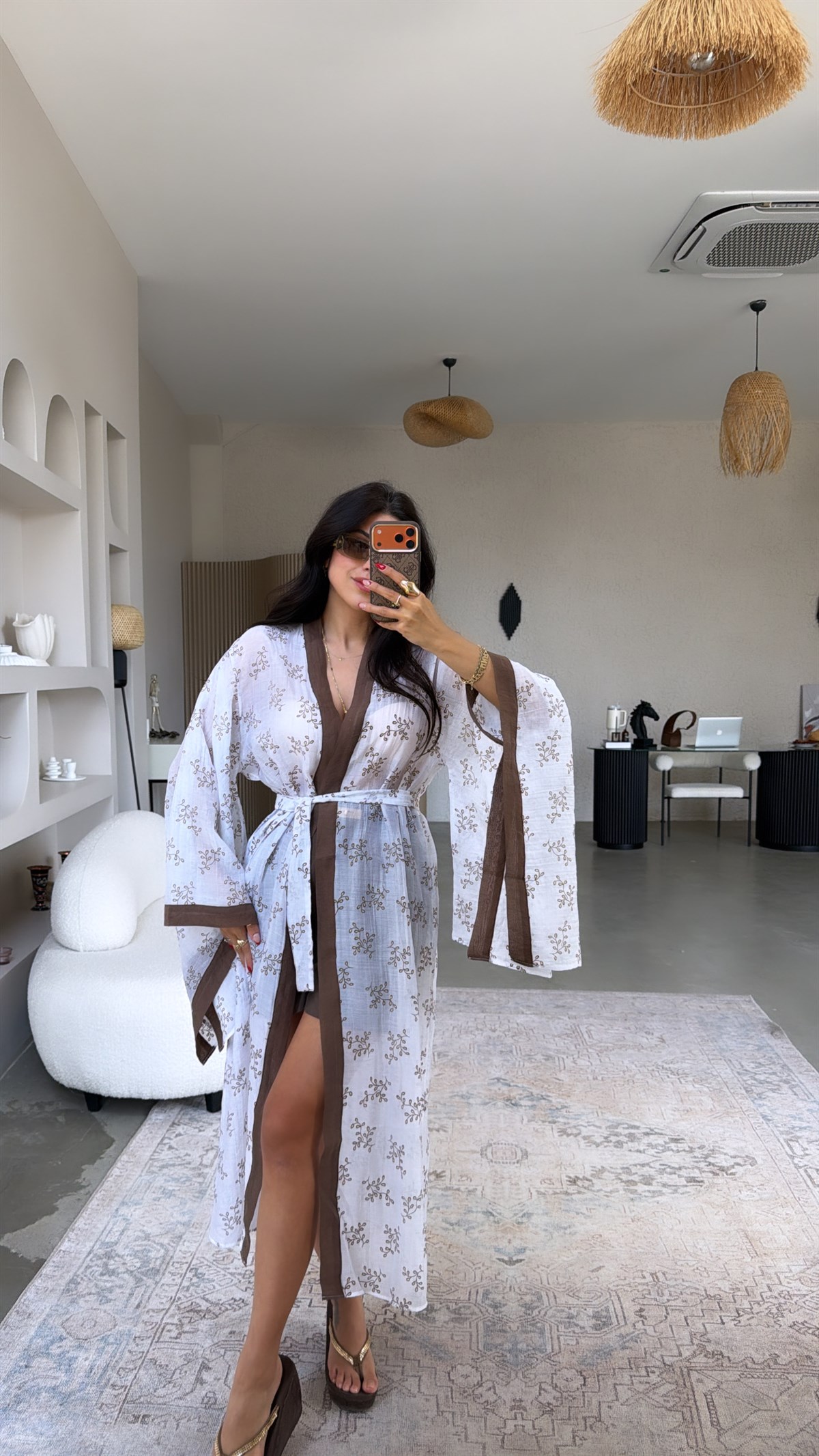 Kahverengi Biyeli Premium İnce Uzun Kimono