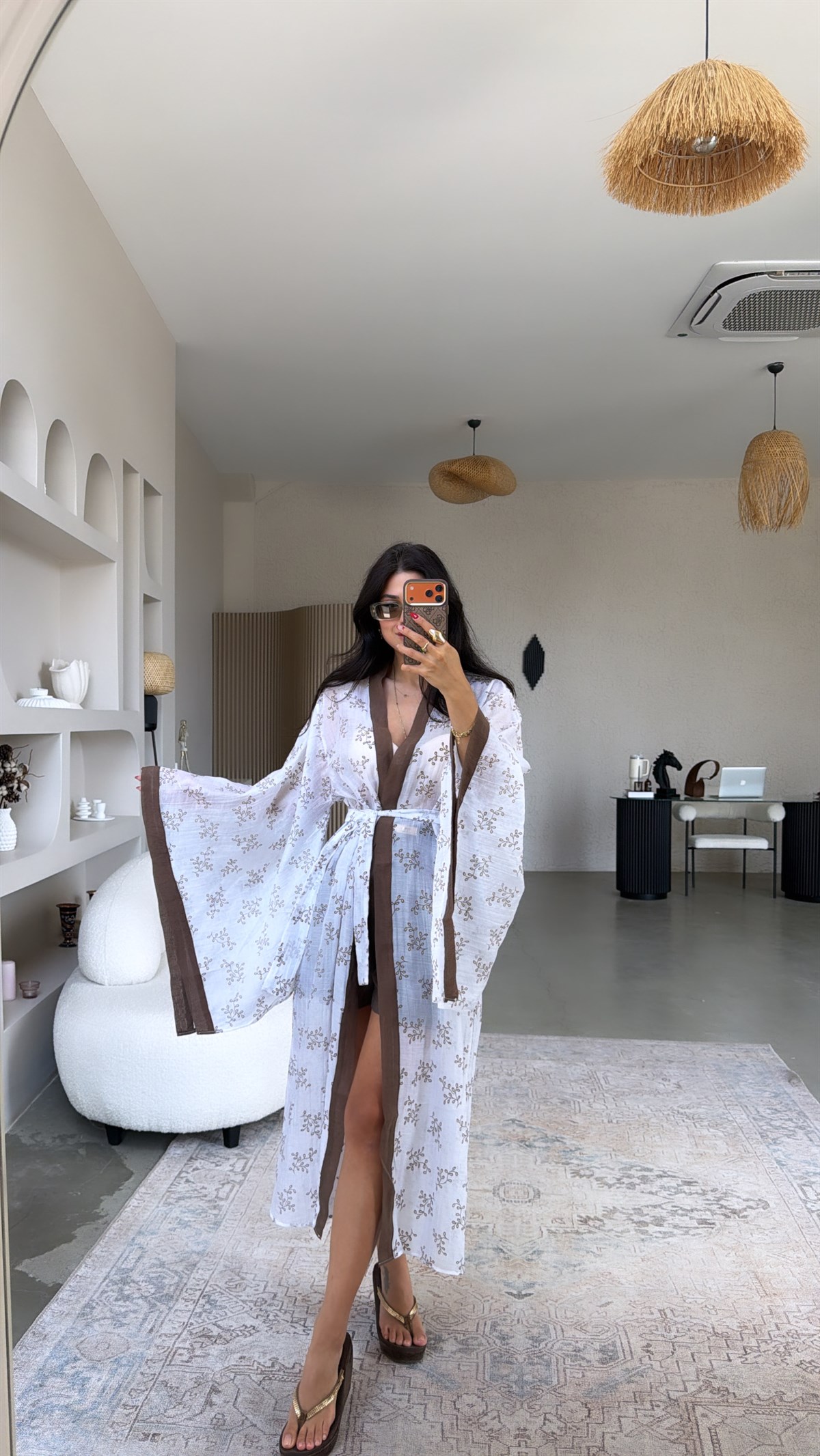 Kahverengi Biyeli Premium İnce Uzun Kimono