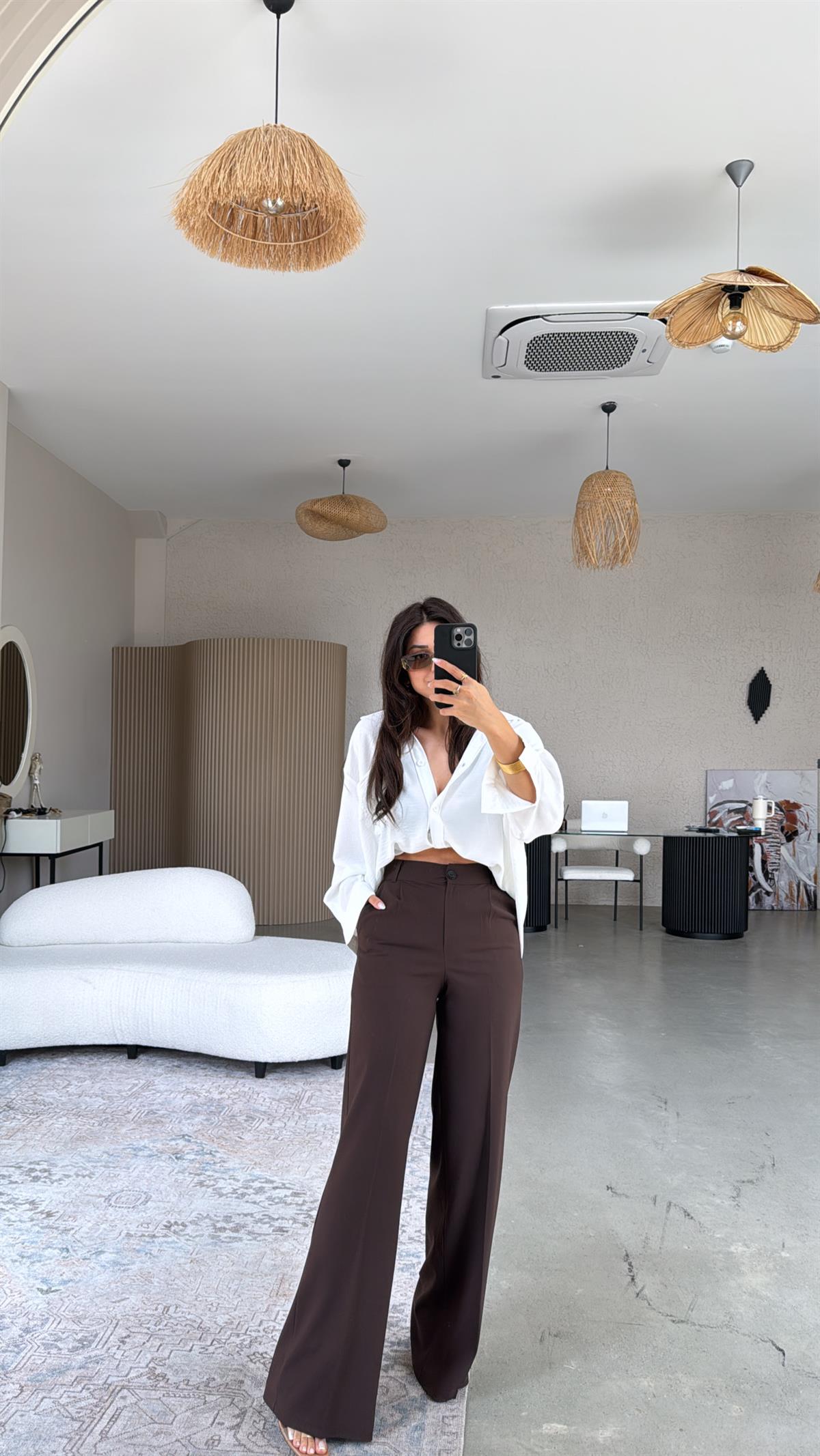 Kahverengi Bol Paça Çift Pileli Pantolon