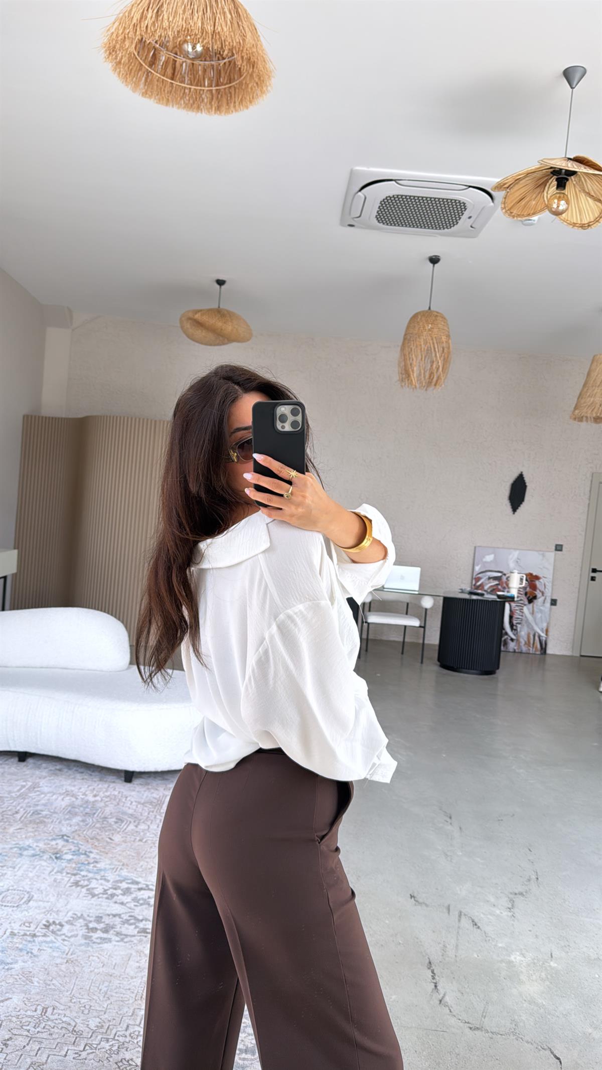 Kahverengi Bol Paça Çift Pileli Pantolon