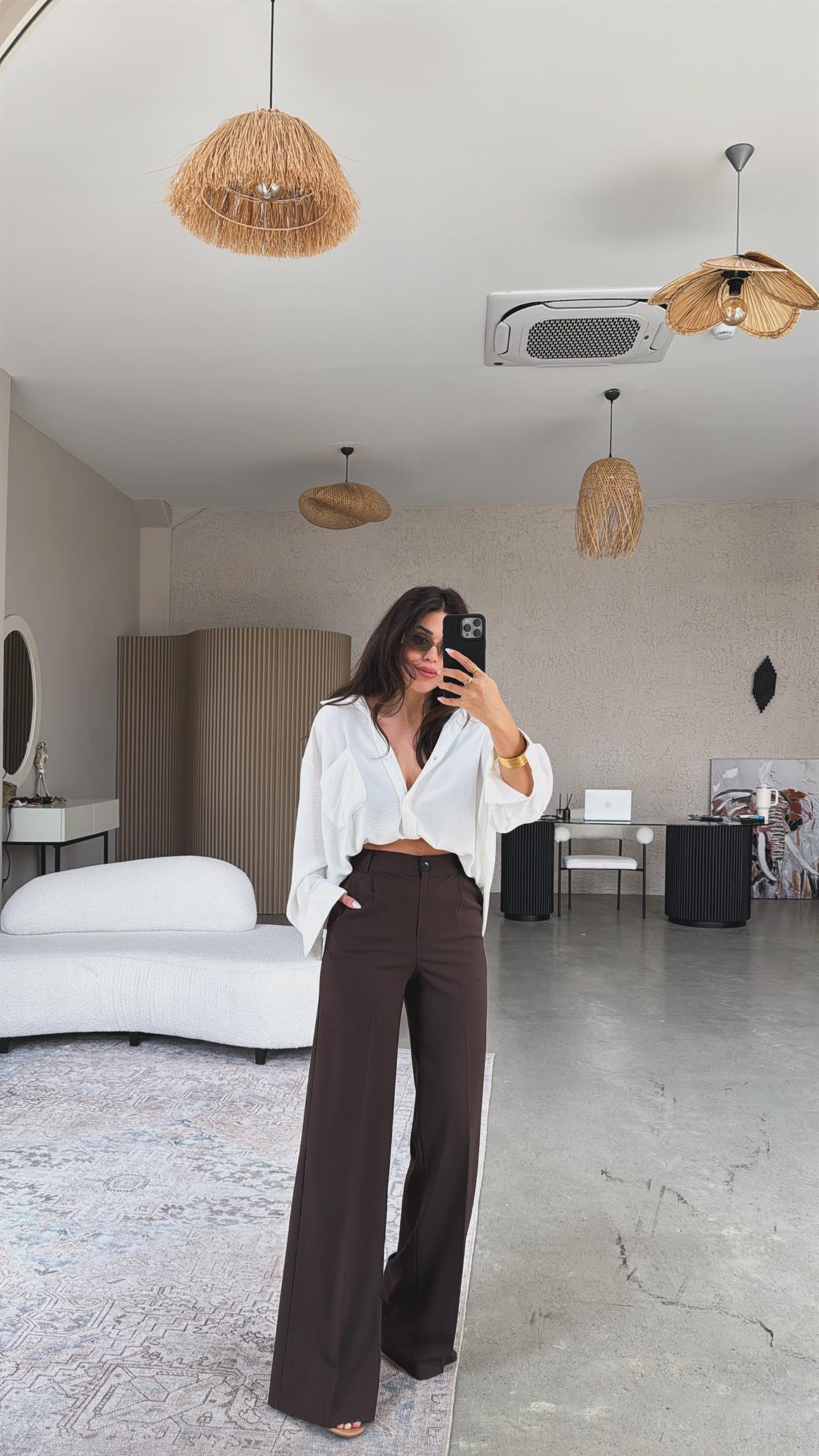 Kahverengi Bol Paça Çift Pileli Pantolon