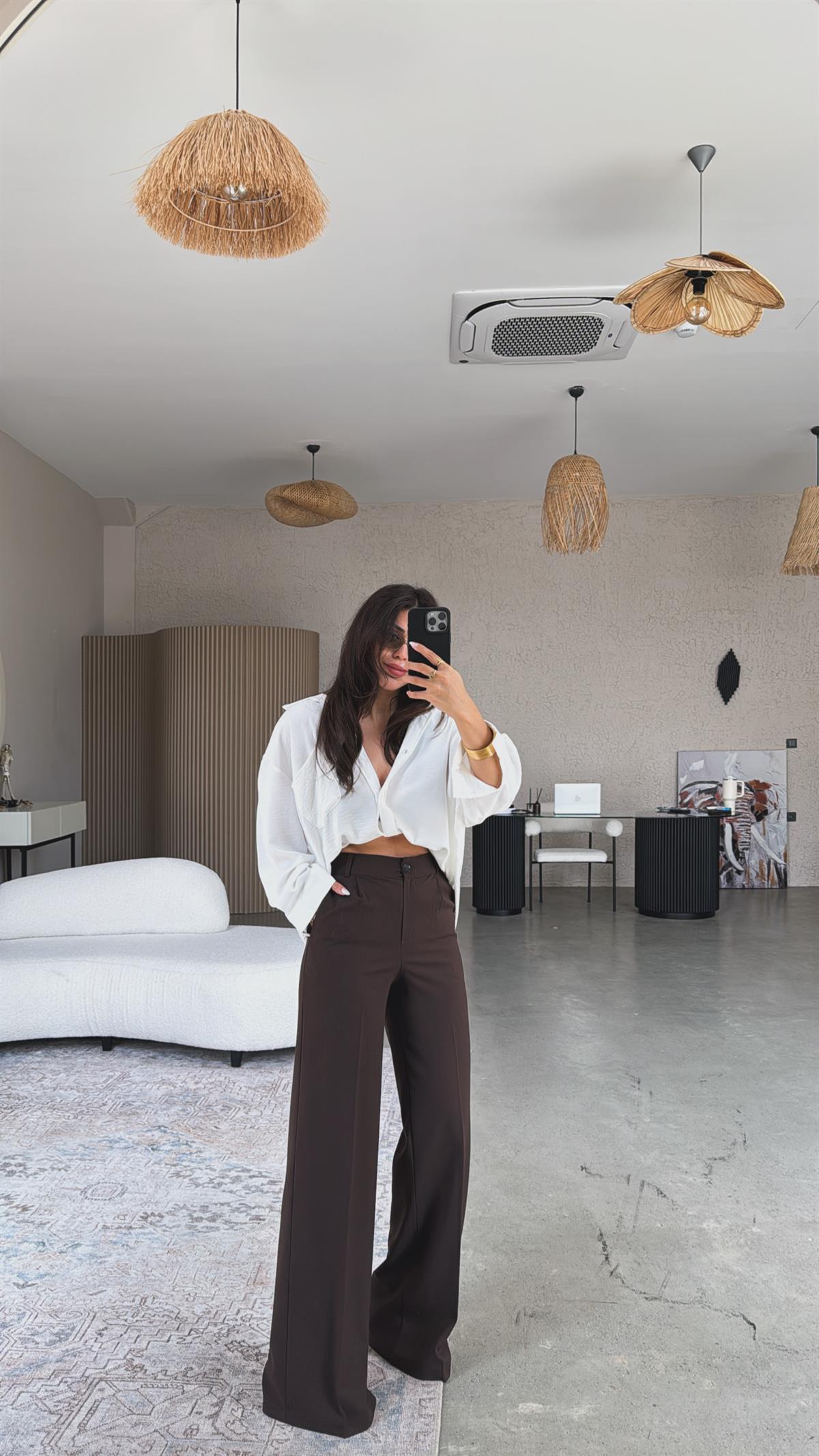 Kahverengi Bol Paça Çift Pileli Pantolon