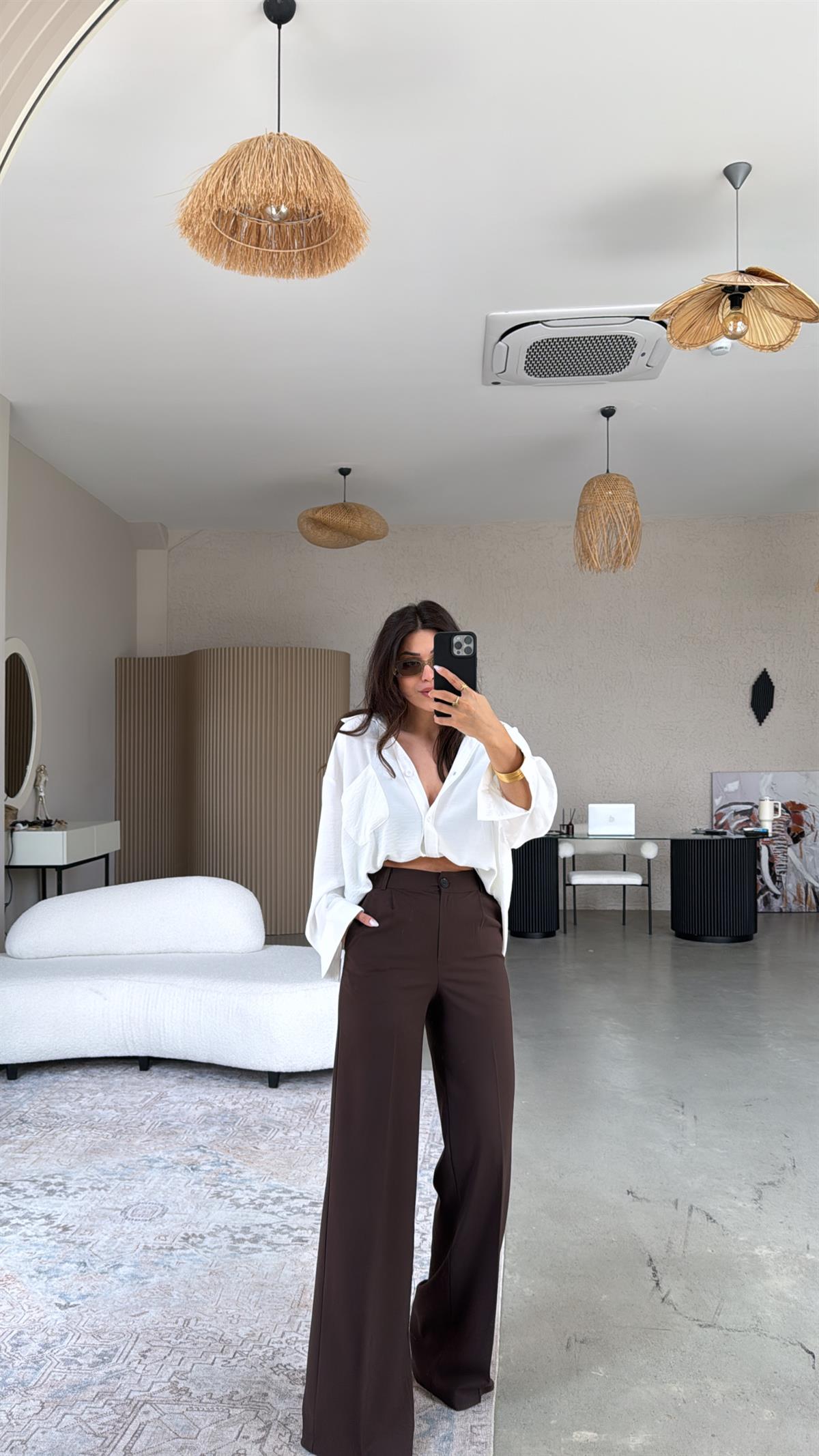 Kahverengi Bol Paça Çift Pileli Pantolon