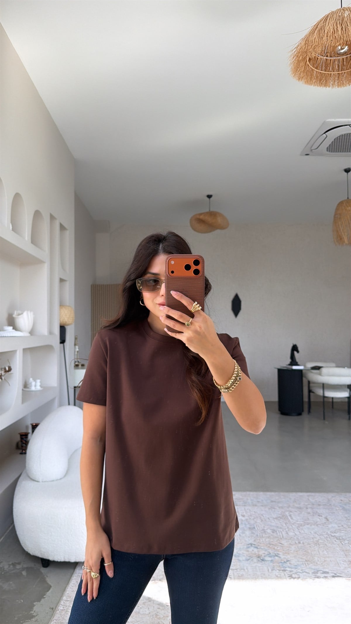 Kahverengi BT Yüzde Yüz Tok Pamuk Doku Bisiklet Yaka Tshirt