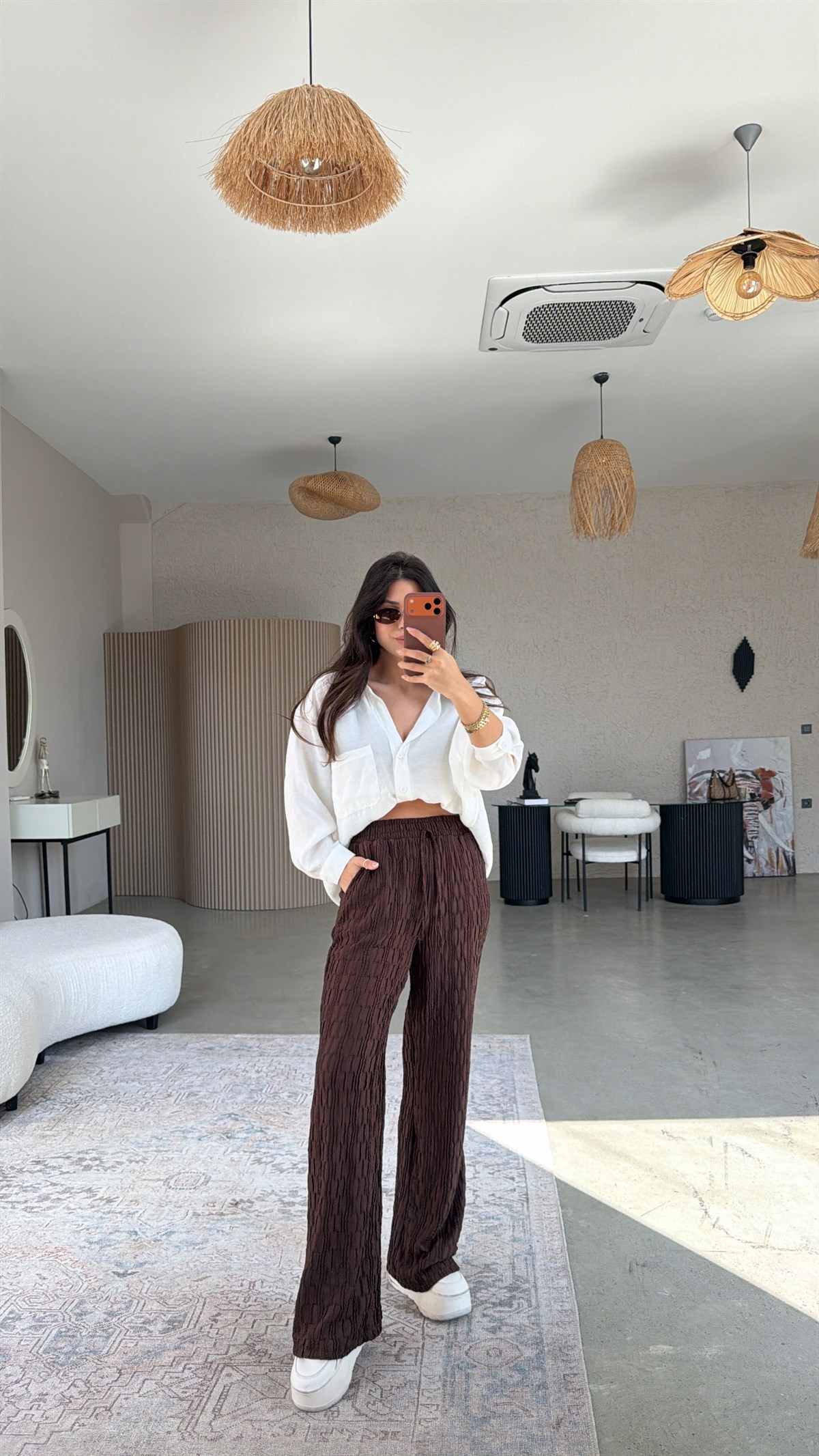 Kahverengi Bürümcük Kumaş Lastikli Pantolon