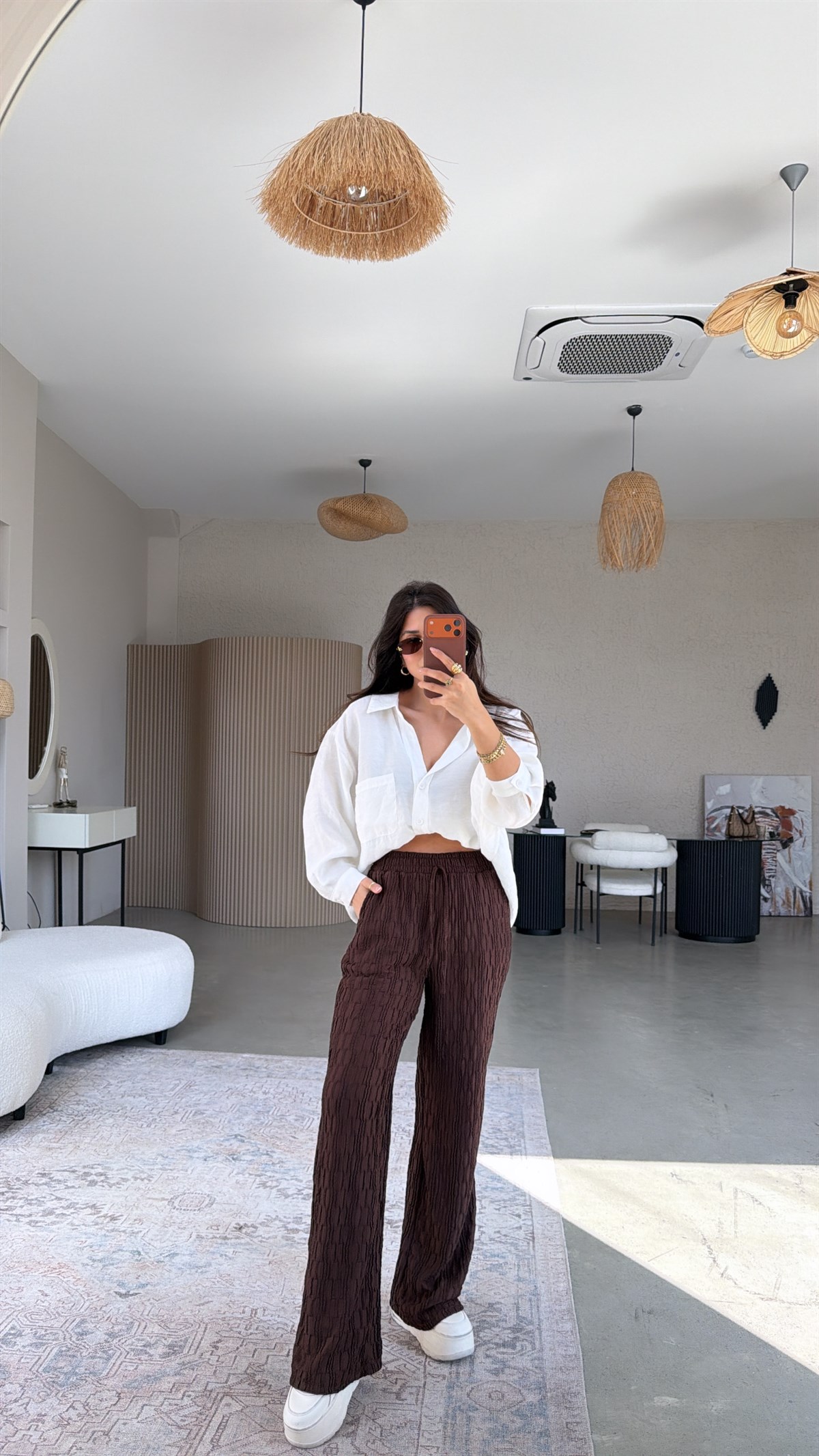 Kahverengi Bürümcük Kumaş Lastikli Pantolon