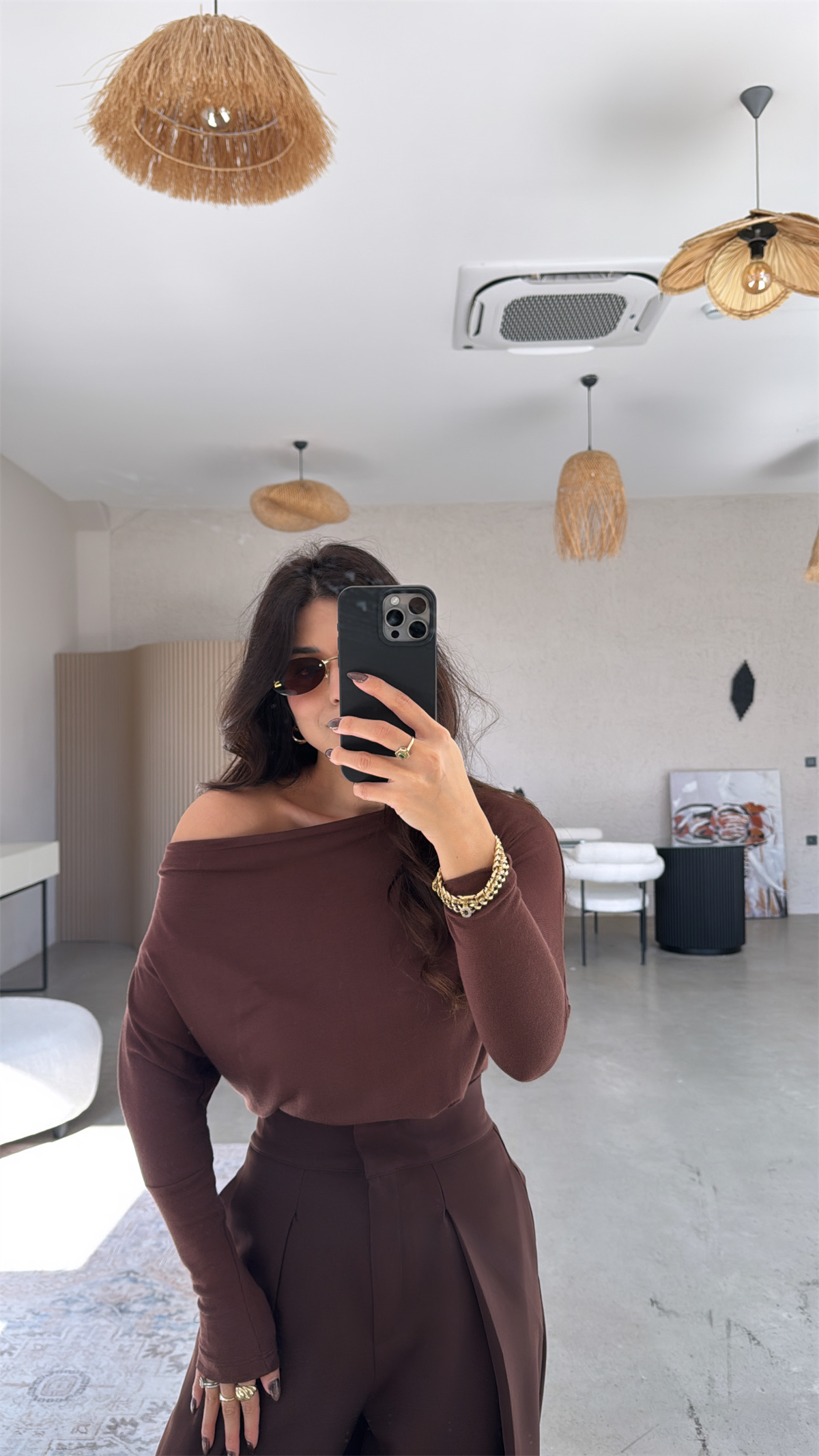 Kahverengi Buzzy Omzu Açık Bluz