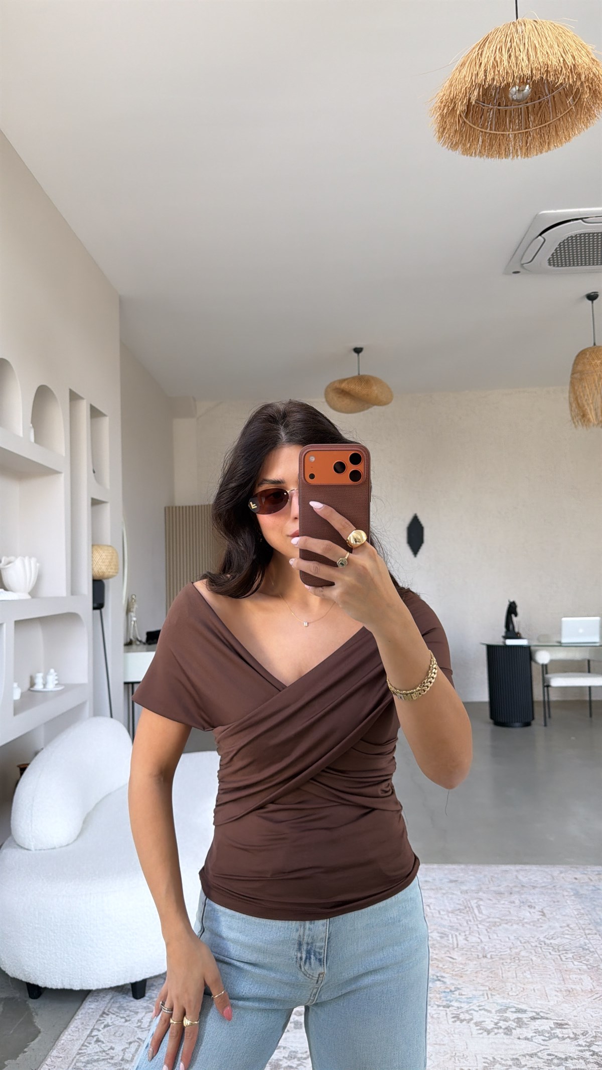 Kahverengi Çapraz ZR Model Polyamid Bluz