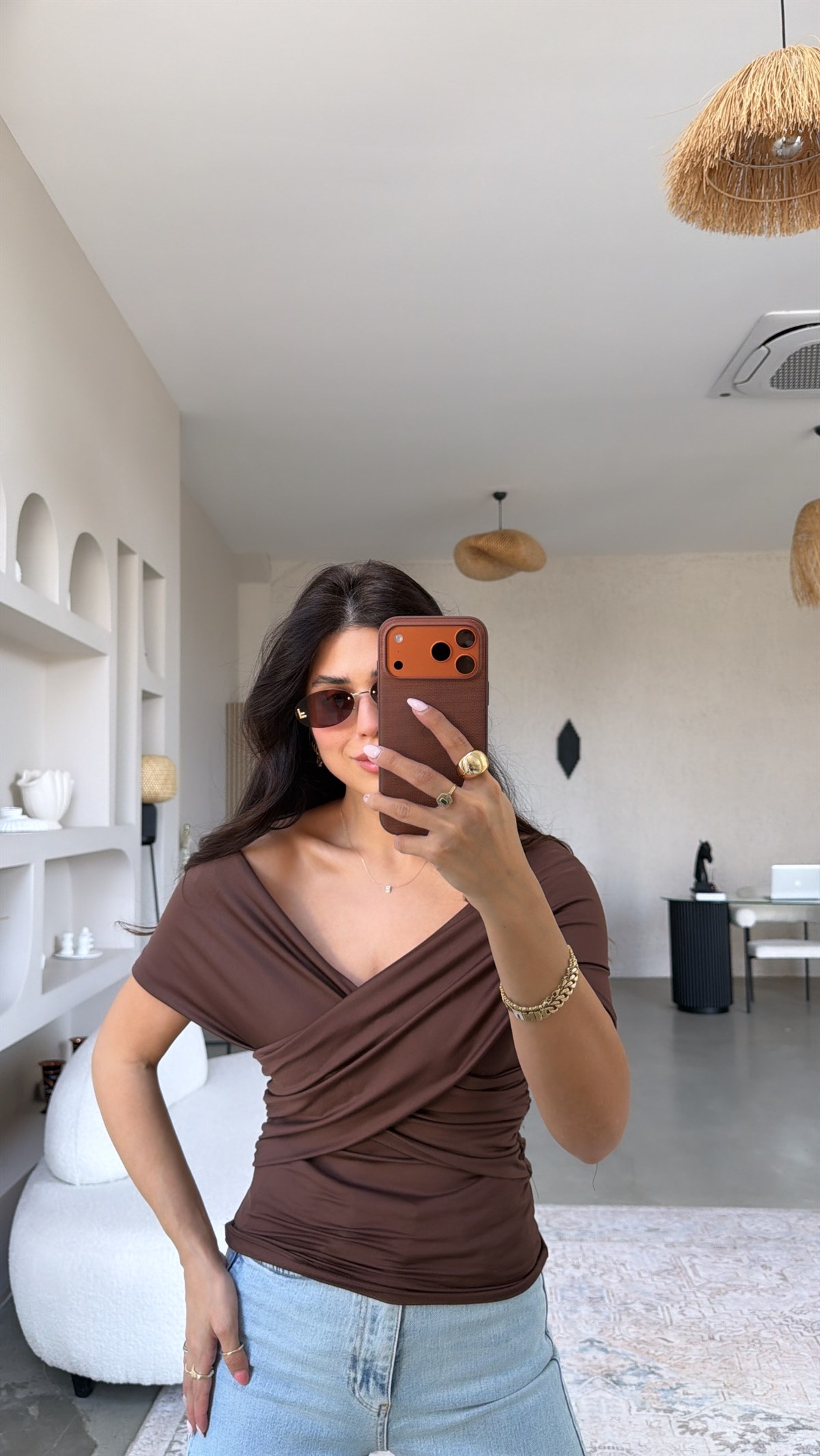 Kahverengi Çapraz ZR Model Polyamid Bluz