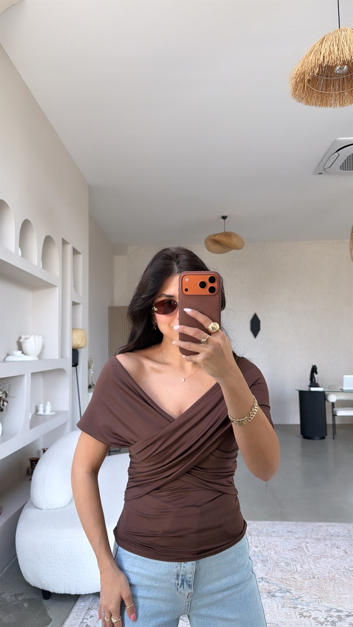 Kahverengi Çapraz ZR Model Polyamid Bluz