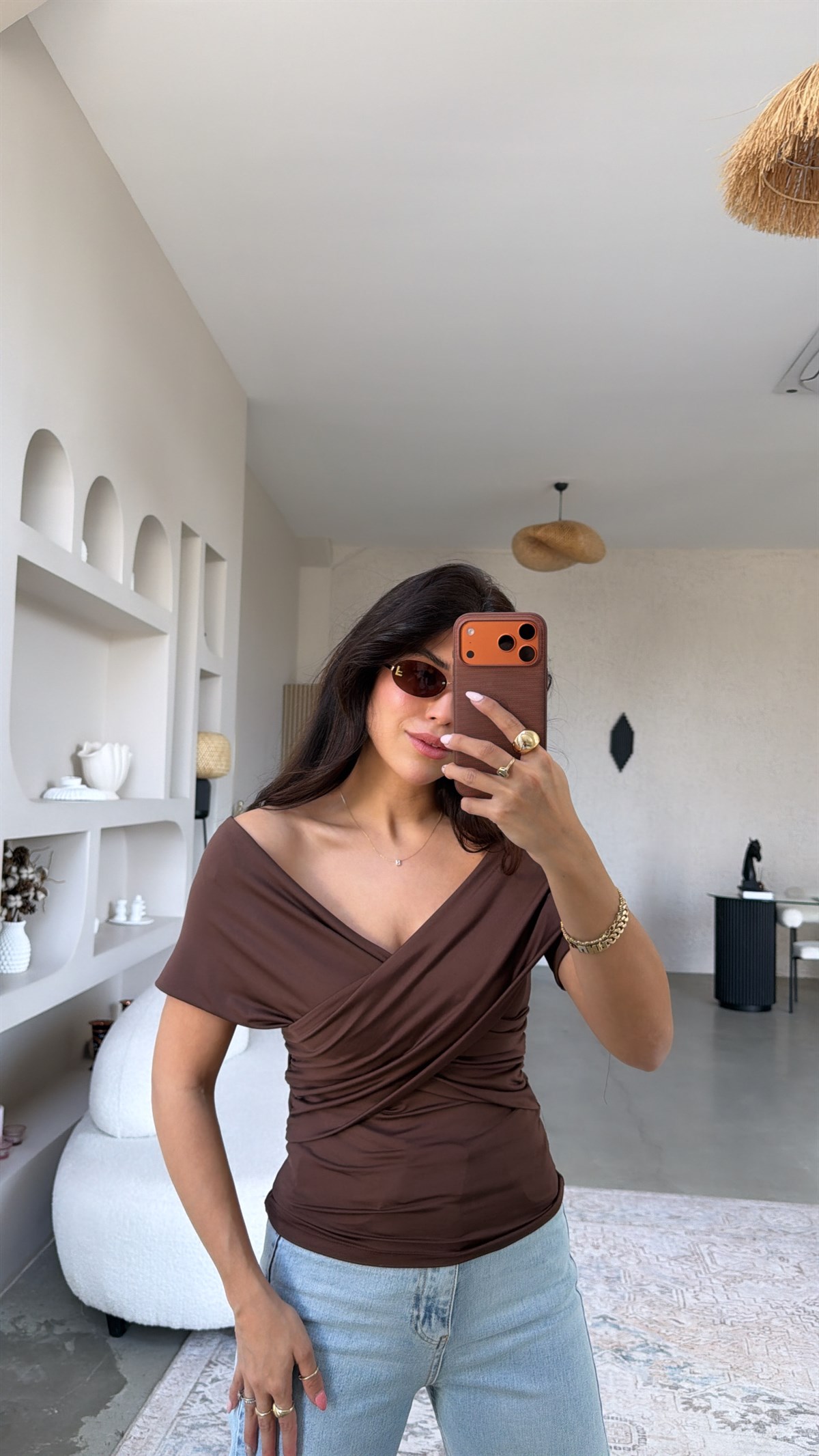 Kahverengi Çapraz ZR Model Polyamid Bluz