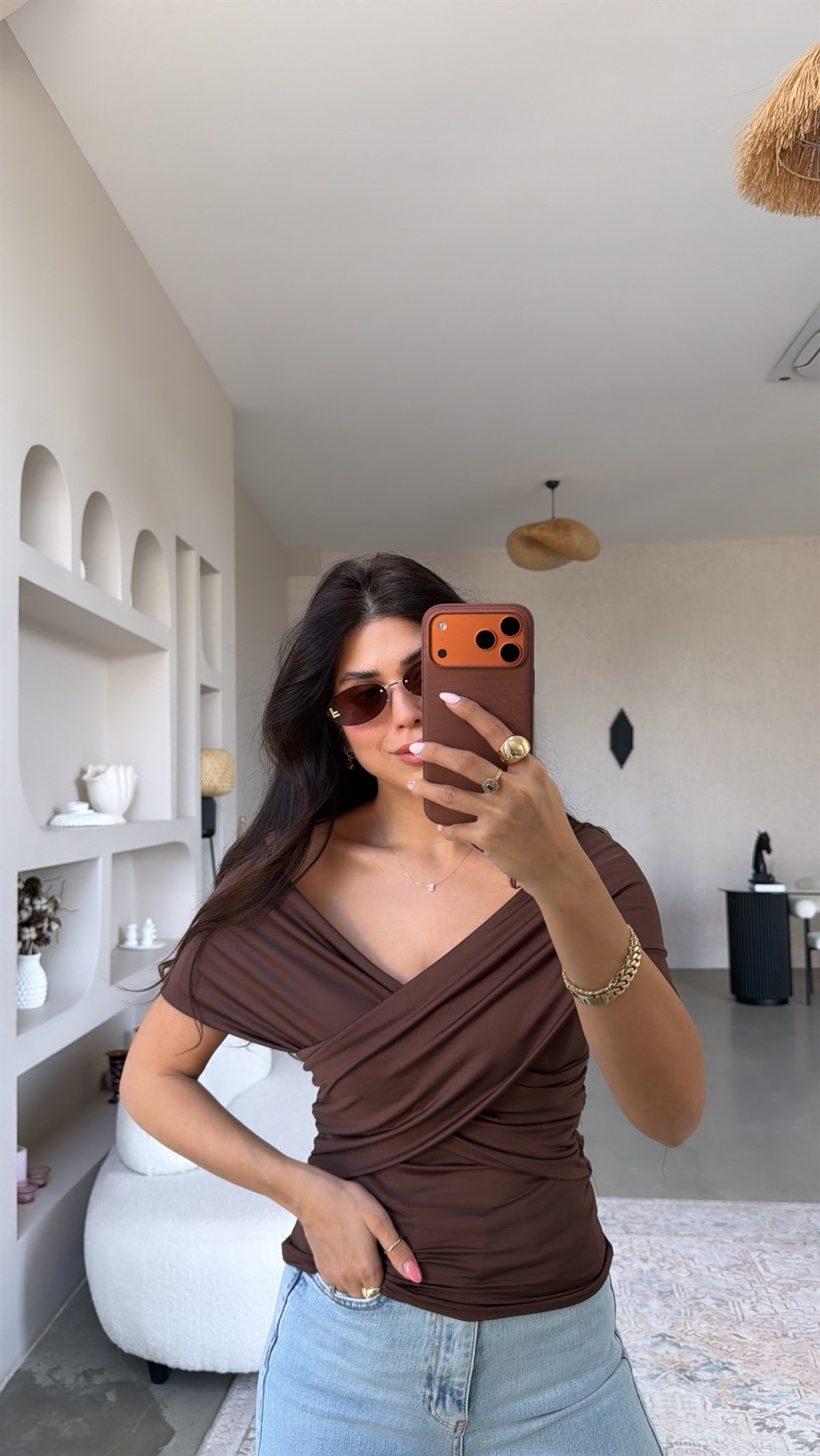 Kahverengi Çapraz ZR Model Polyamid Bluz