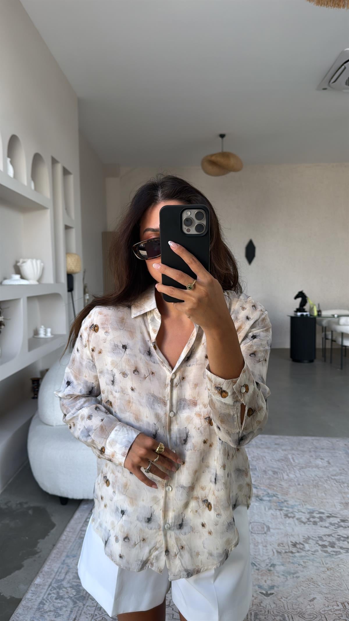 Kahverengi Çiçekli İthal Kumaş İnce Gömlek