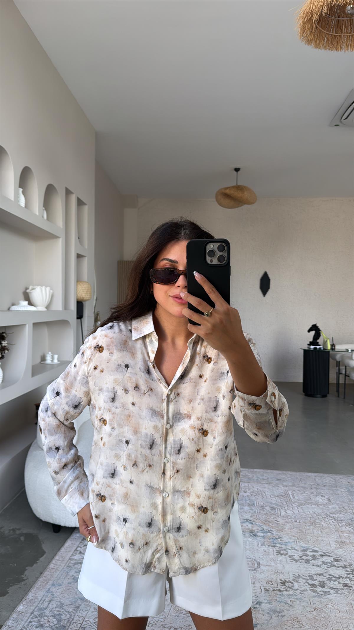 Kahverengi Çiçekli İthal Kumaş İnce Gömlek