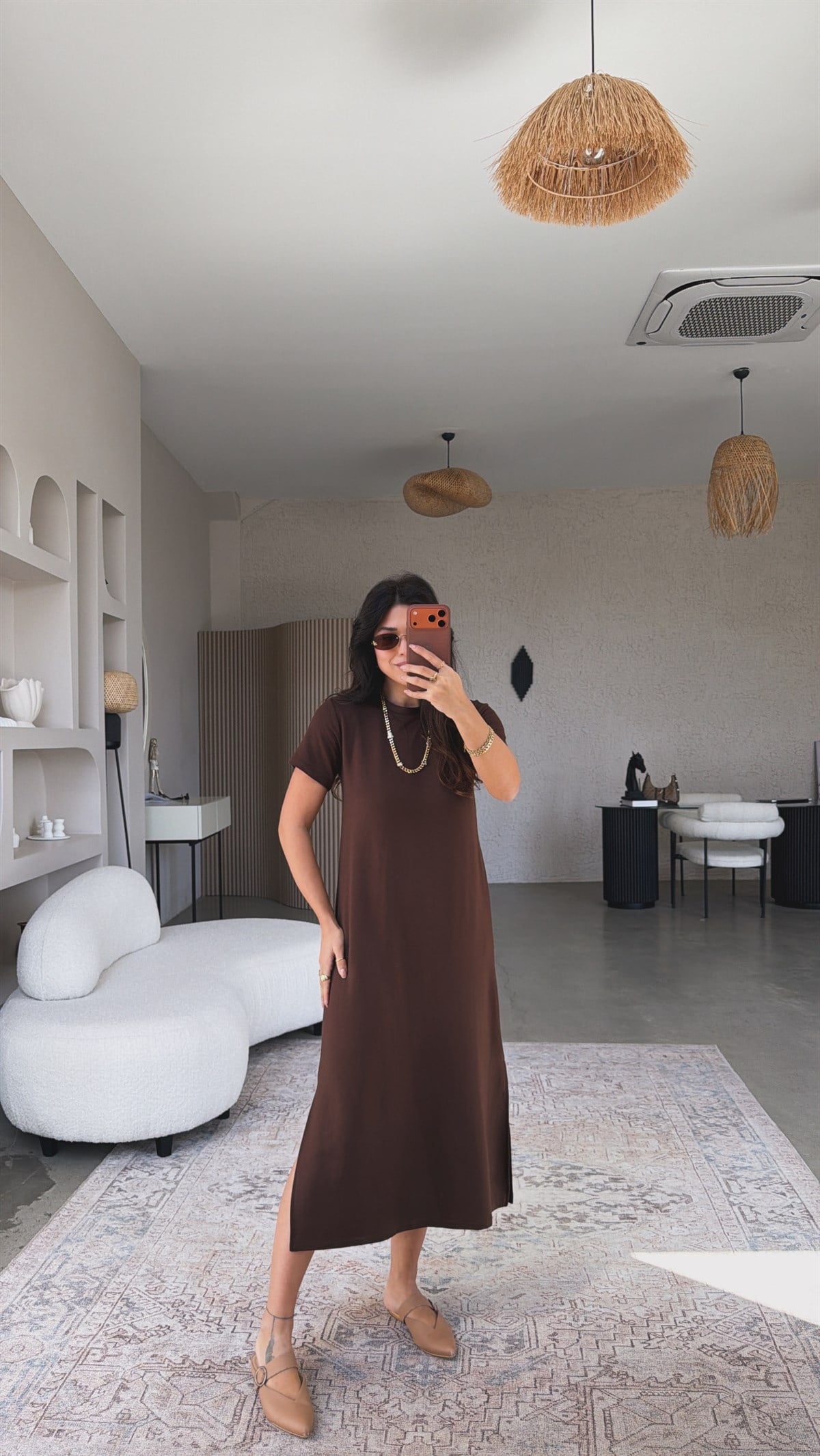Kahverengi Çift Yırtmaçlı Basic Modal Elbise