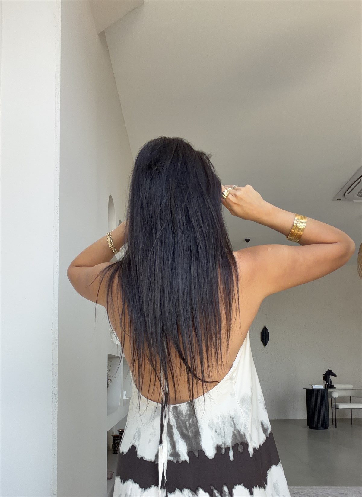Kahverengi Çizgili Boyundan Bağlamalı Premium Maxi Elbise