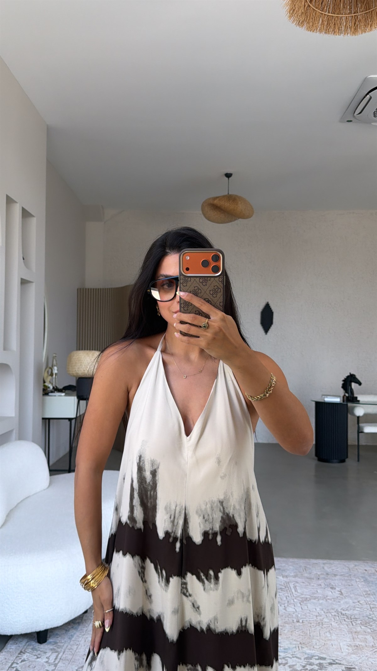 Kahverengi Çizgili Boyundan Bağlamalı Premium Maxi Elbise