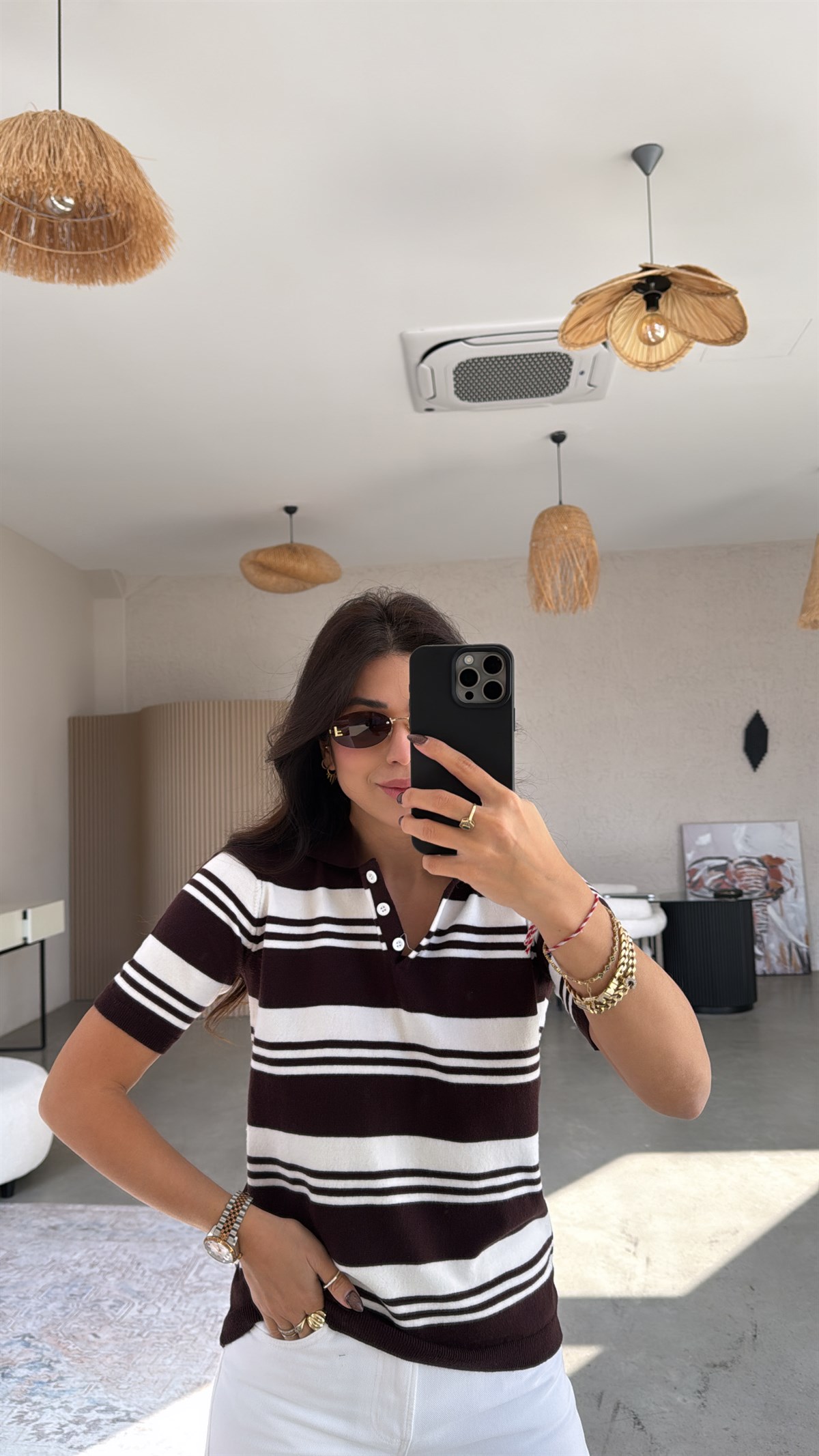 Kahverengi Çizgili Kısa Kol Massi Triko Bluz