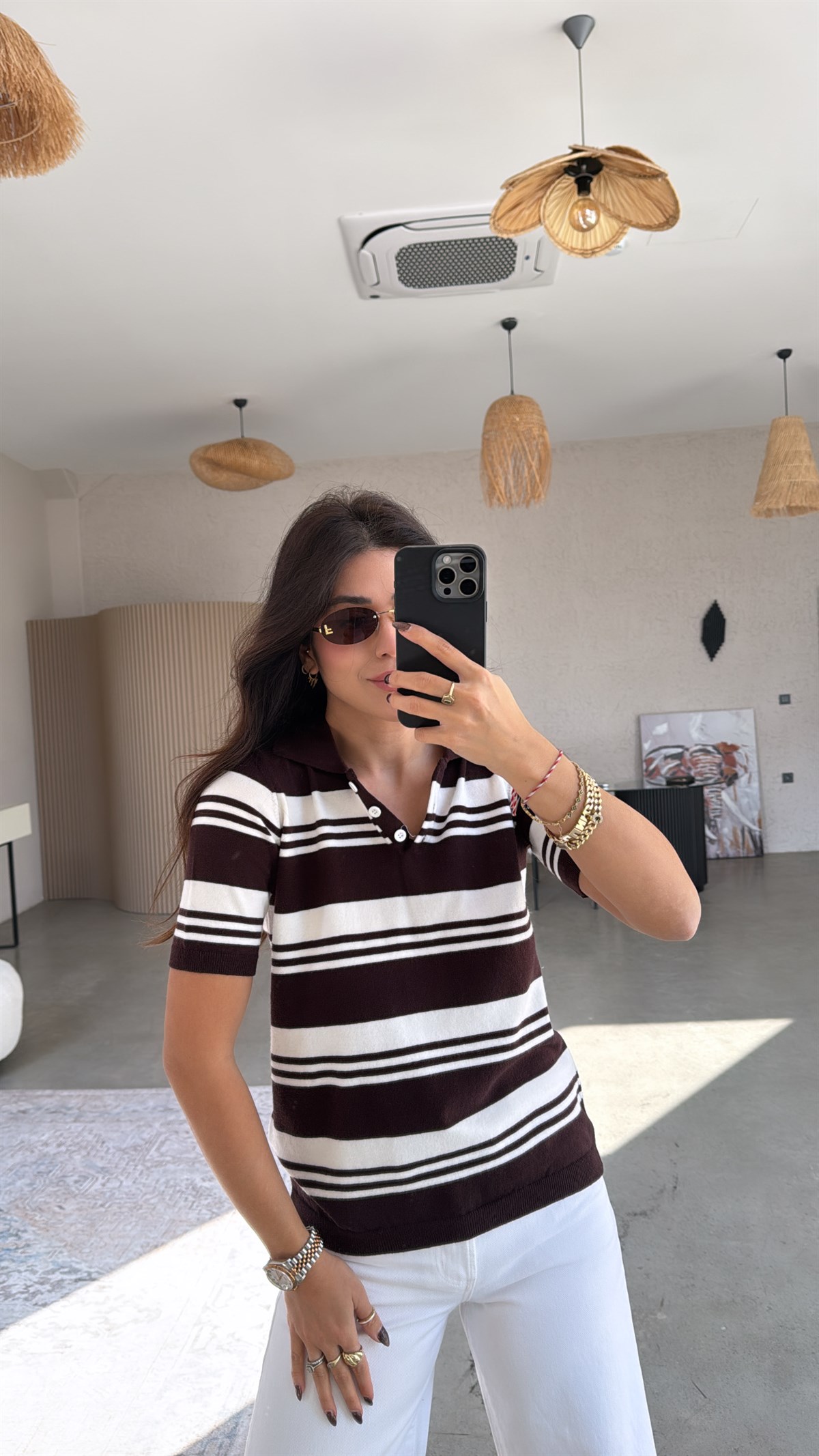 Kahverengi Çizgili Kısa Kol Massi Triko Bluz