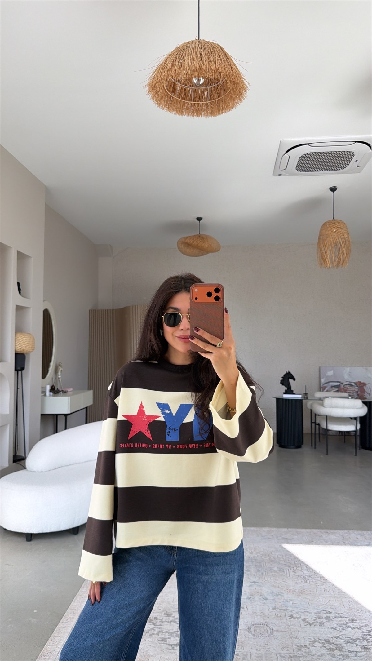 Kahverengi Çizgili NY İki İplik Sweatshirt