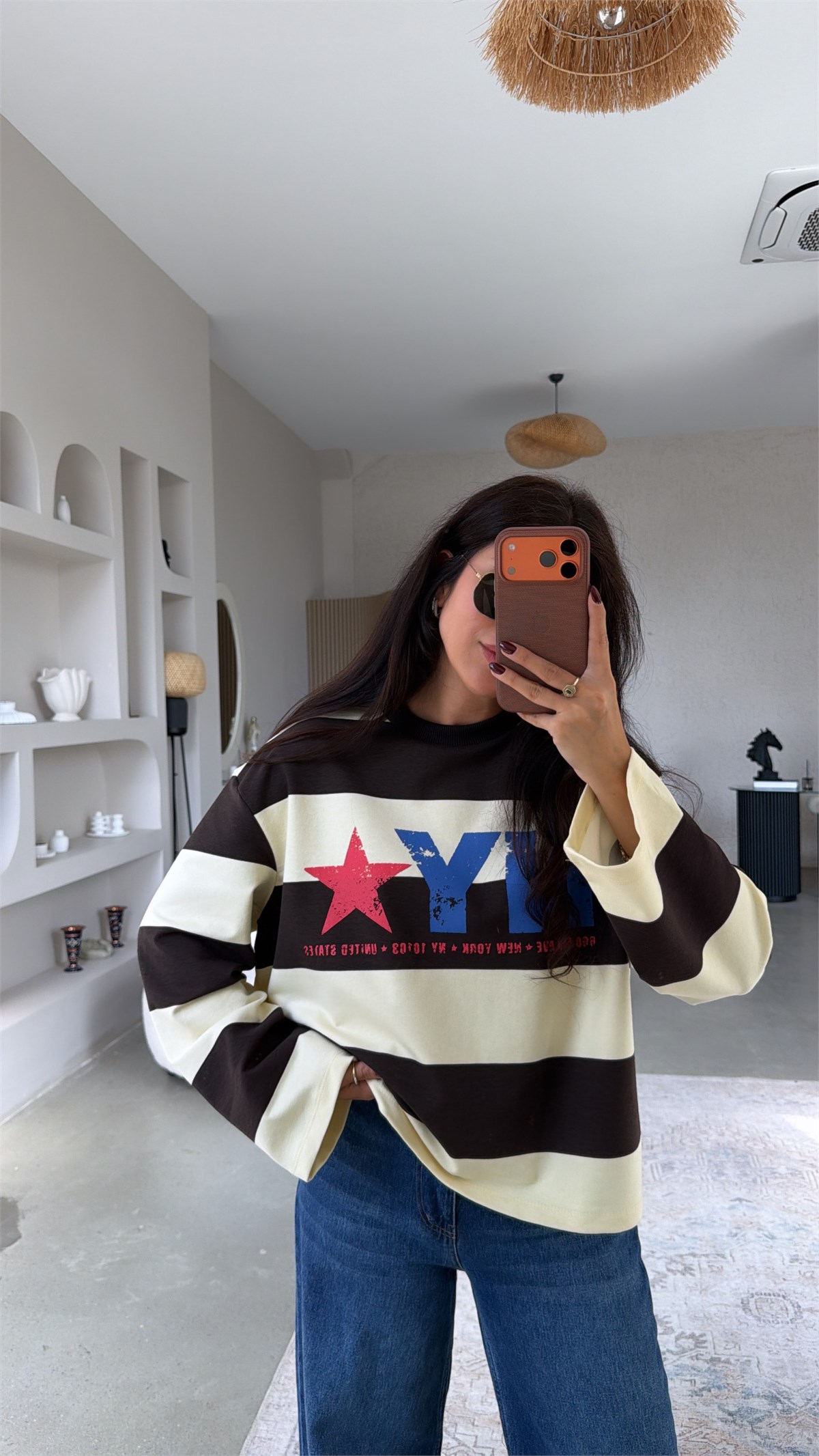 Kahverengi Çizgili NY İki İplik Sweatshirt
