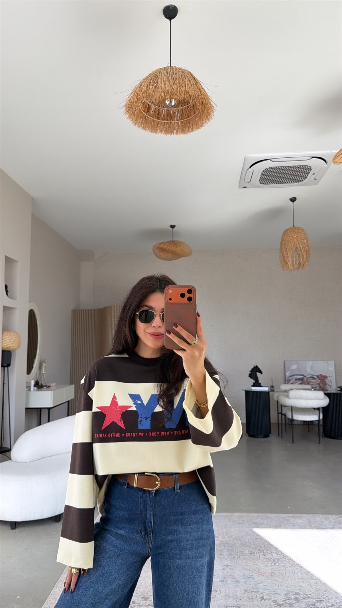 Kahverengi Çizgili NY İki İplik Sweatshirt