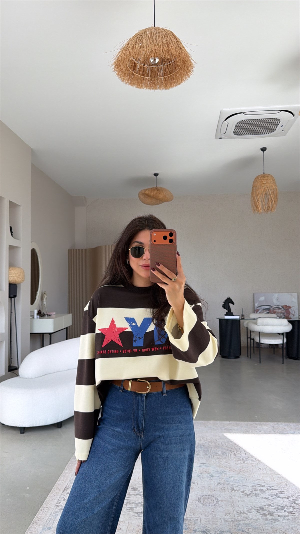 Kahverengi Çizgili NY İki İplik Sweatshirt
