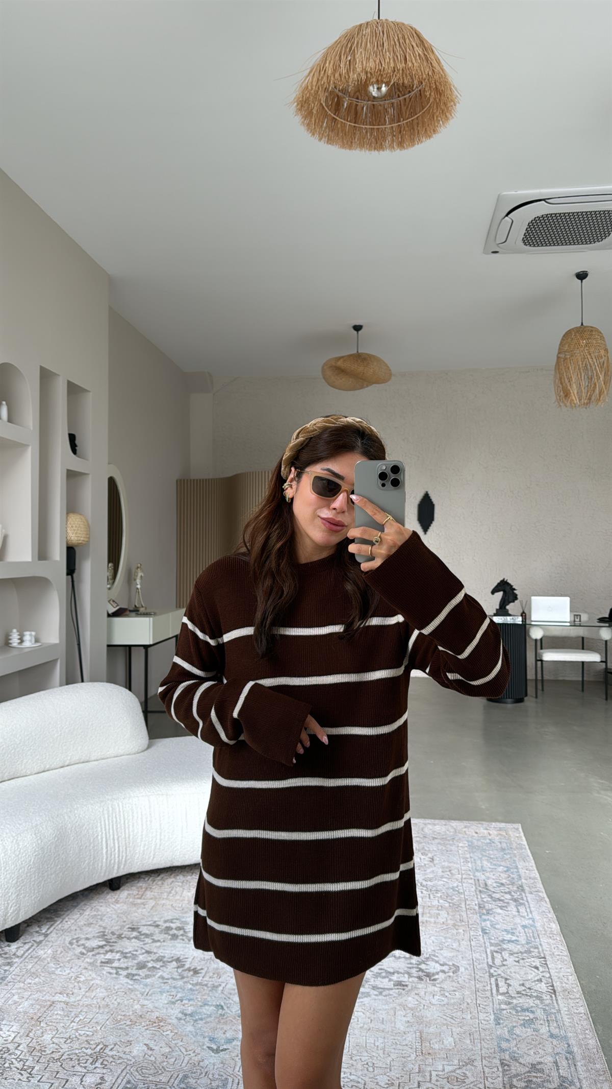 Kahverengi Çizgili Triko Tunik